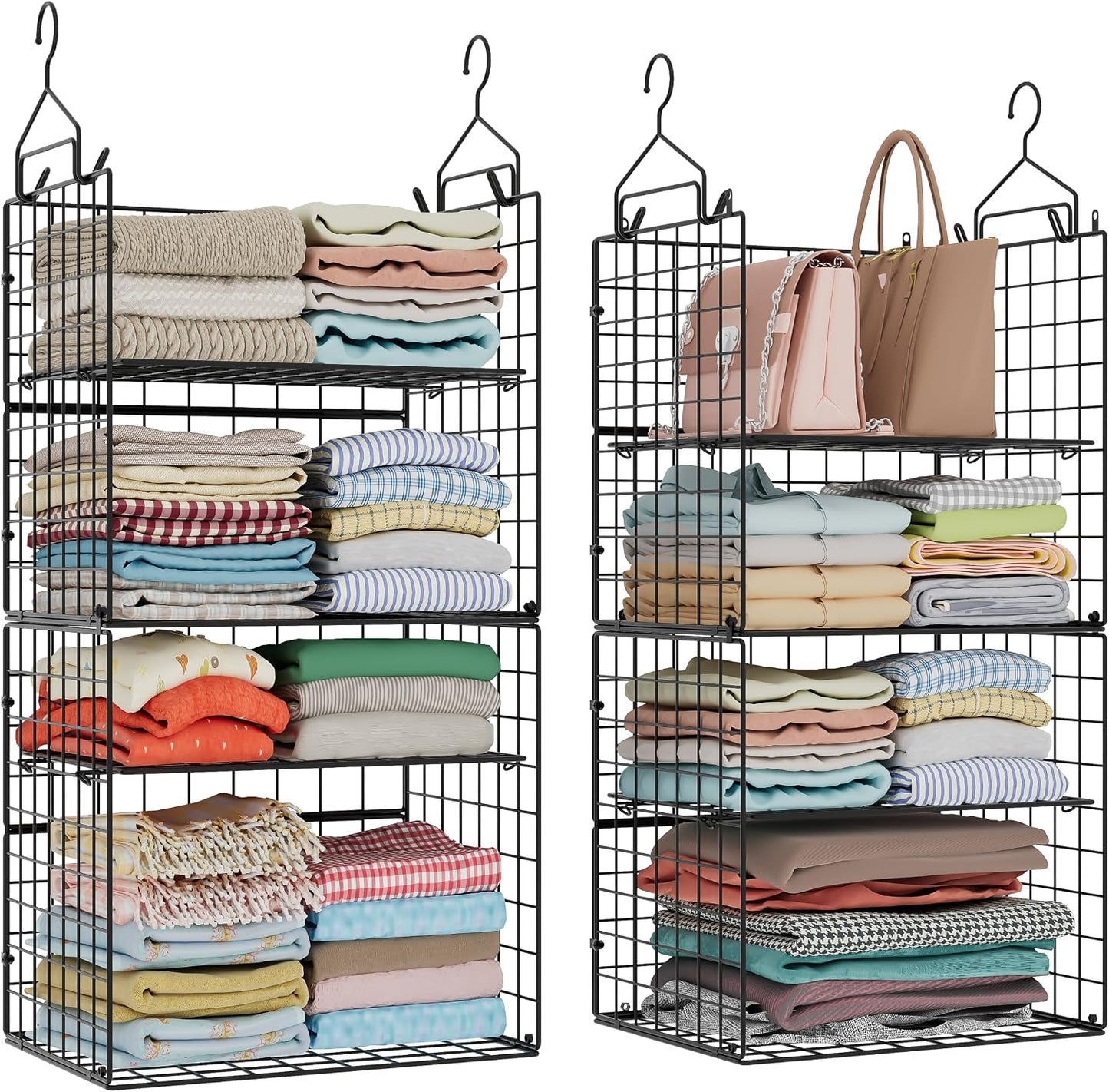 X-cosrack Closet Hanging Organizer Shelves - 5 Tier Wardrobe Organizers and Storage Bin, Hanging Organizer Shelves, Clothes Shelf with Adjustable Dividers for Bedroom Closet Sweater Shoes Handbag