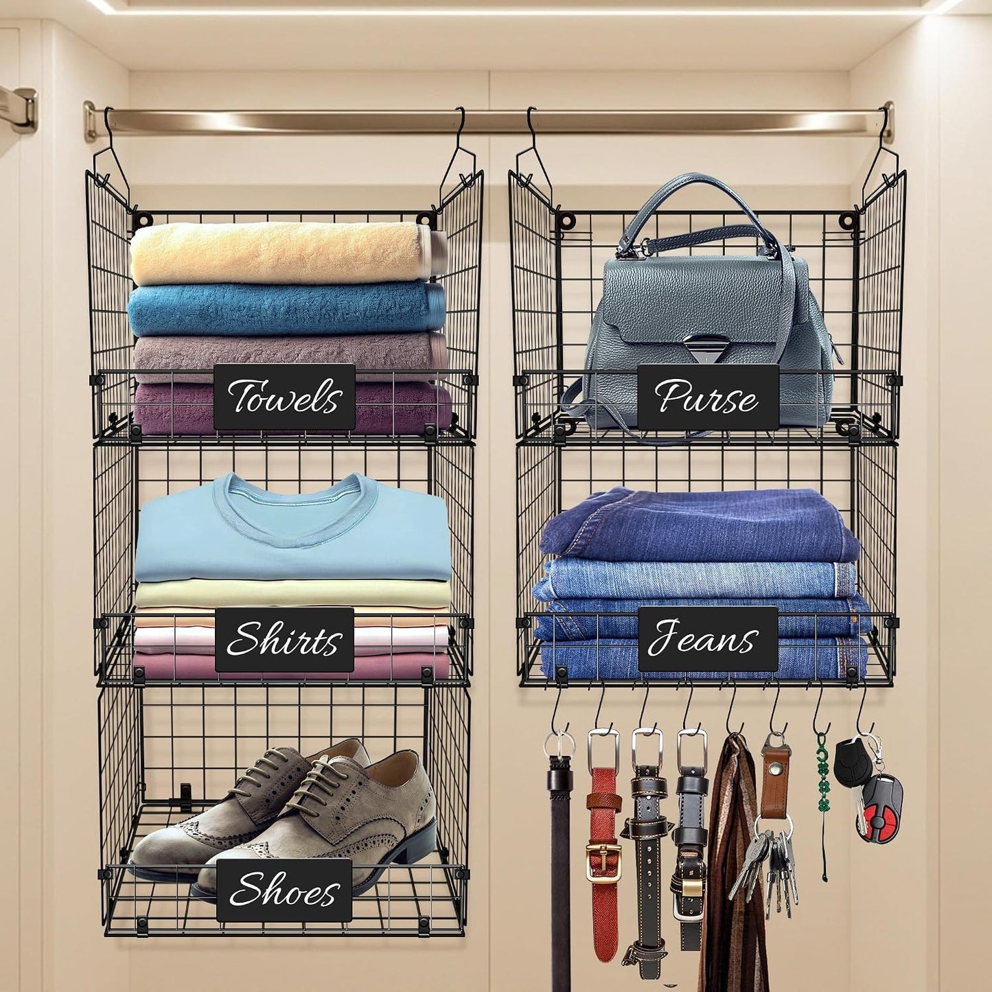 DECOLURE 5-Tier Adjustable Hanging Closet Organizer – Maximize Hanging Storage w/ 4 Hanging Hooks, 8 S Hooks & 5 Name Plates - Sturdy Foldable Wire Storage Hanging Shelves for Clothes, Towels (White)