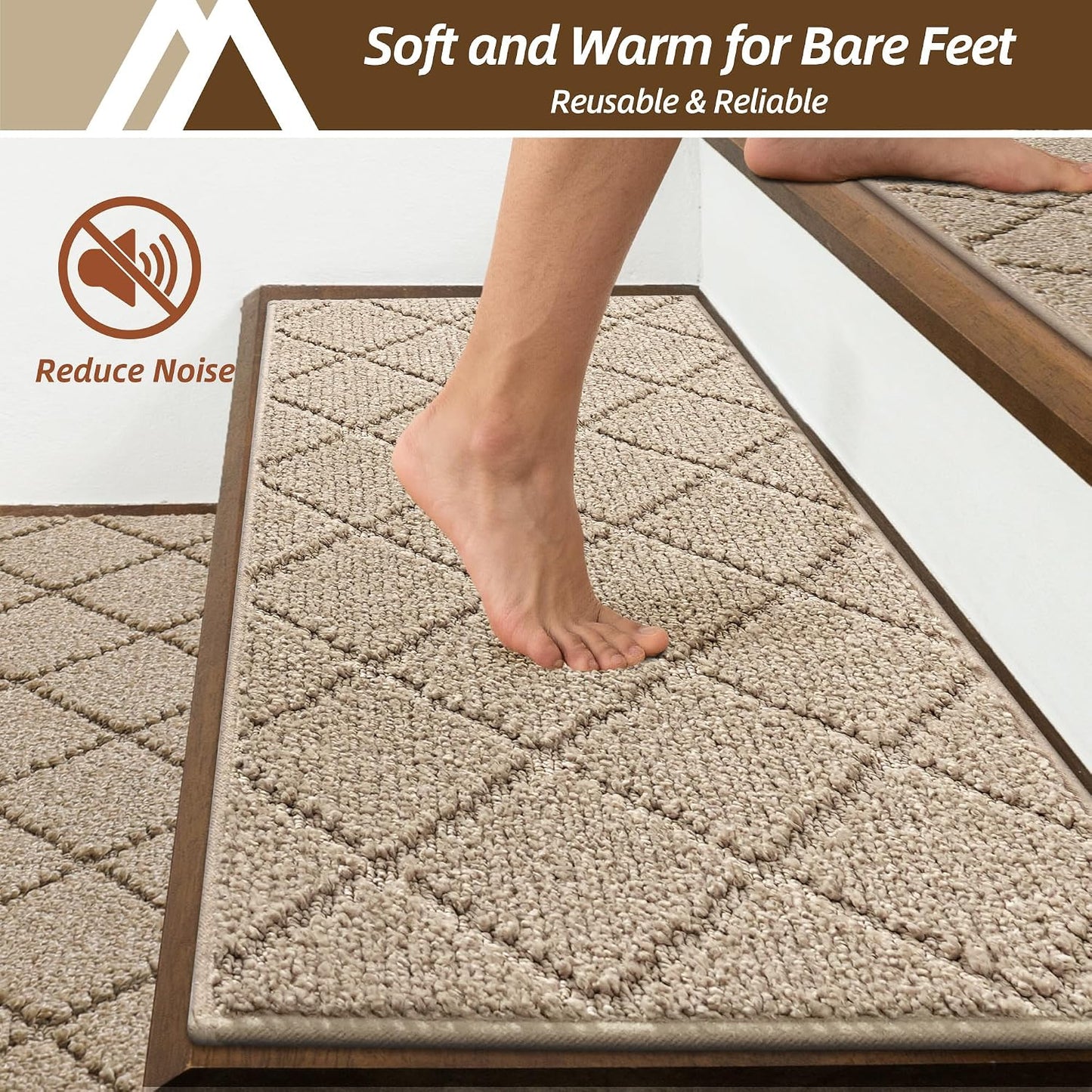 COSY HOMEER Edging Stair Treads Non-Slip Carpet Mat 28inX9in Indoor Stair Runners for Wooden Steps, Edging Stair Rugs for Kids and Dogs, 100% Polyester TPE Backing(4pc, Beige)