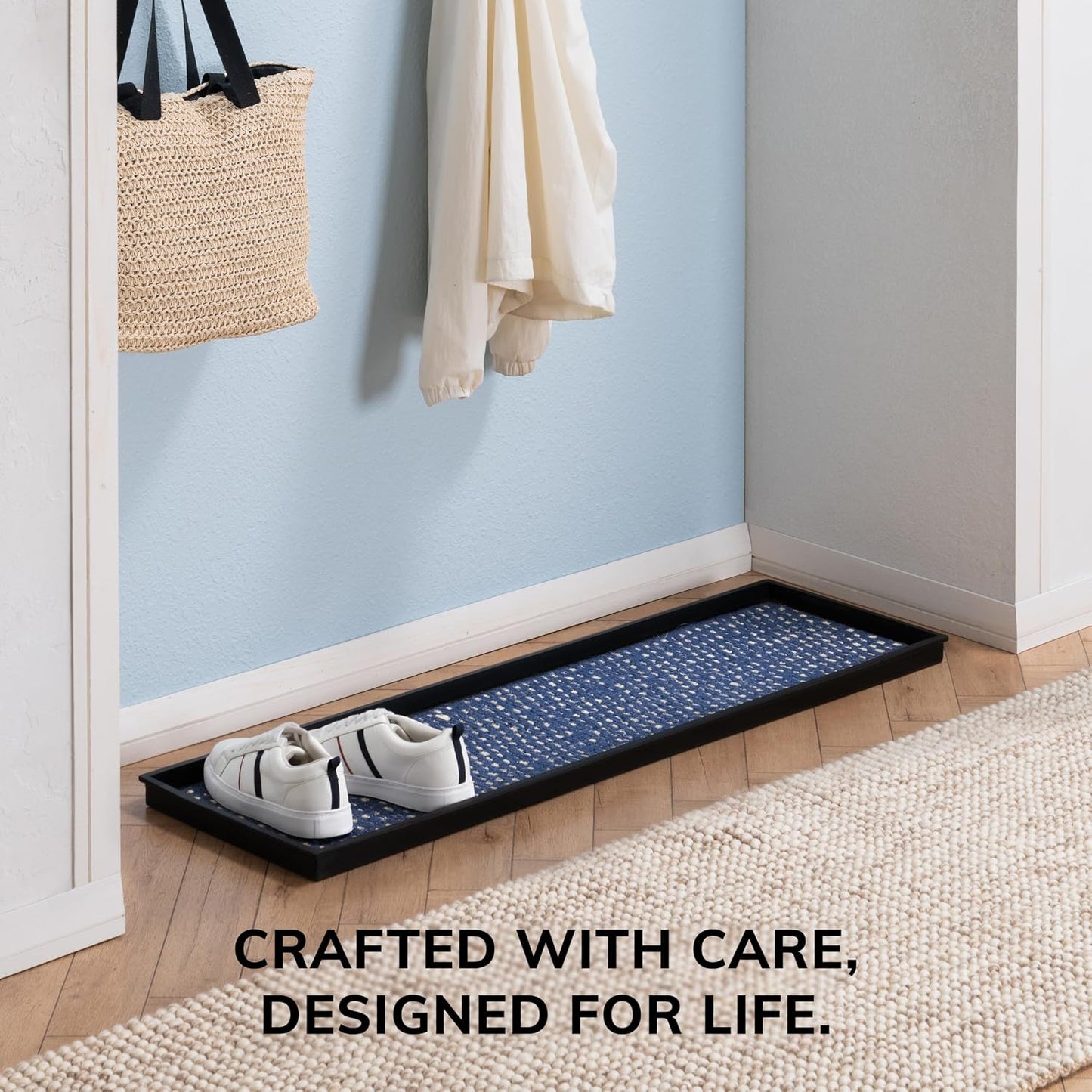 Anji Mountain Heavy Duty Waterproof Rubber Shoe Storage Mat Organizer/Boot Storage Tray Multi Use For Entryway with Coir, Tan and Khaki Insert , Fits 4 Pair (46.5" Wide)