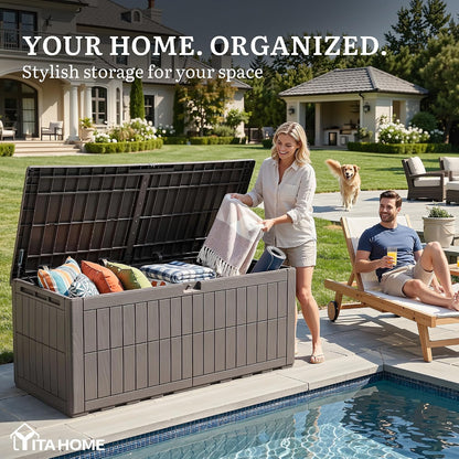 YITAHOME 134 Gallon Large Deck Box | Waterproof Resin Outdoor Storage Box with Lock, Doubles as 2-Person Bench Seating for Patio Furniture Cushions,Garden Tools &