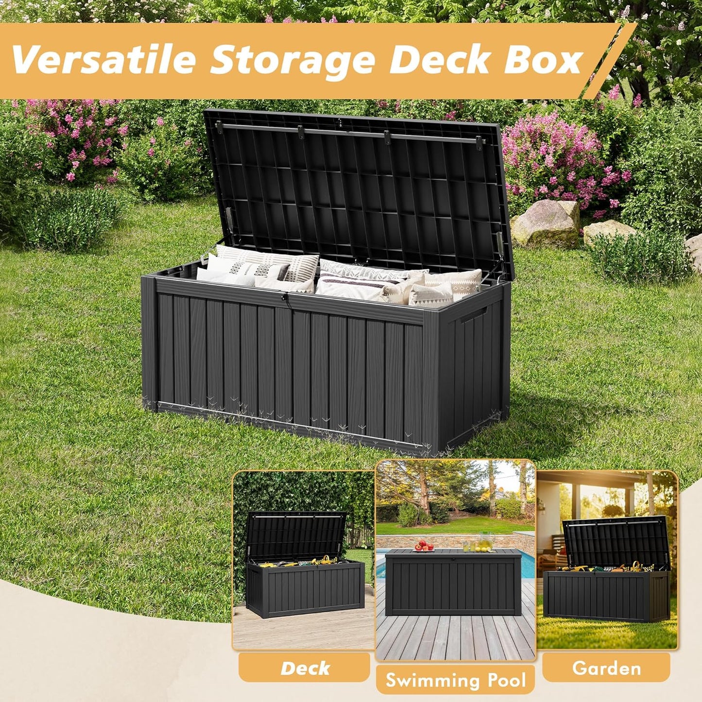 Fancyango 75 Gallon Outdoor Deck Box Waterproof, Large Storage Box for Patio, Resin Storage Bench Lockable for Garden Tools, Package Delivery, Black