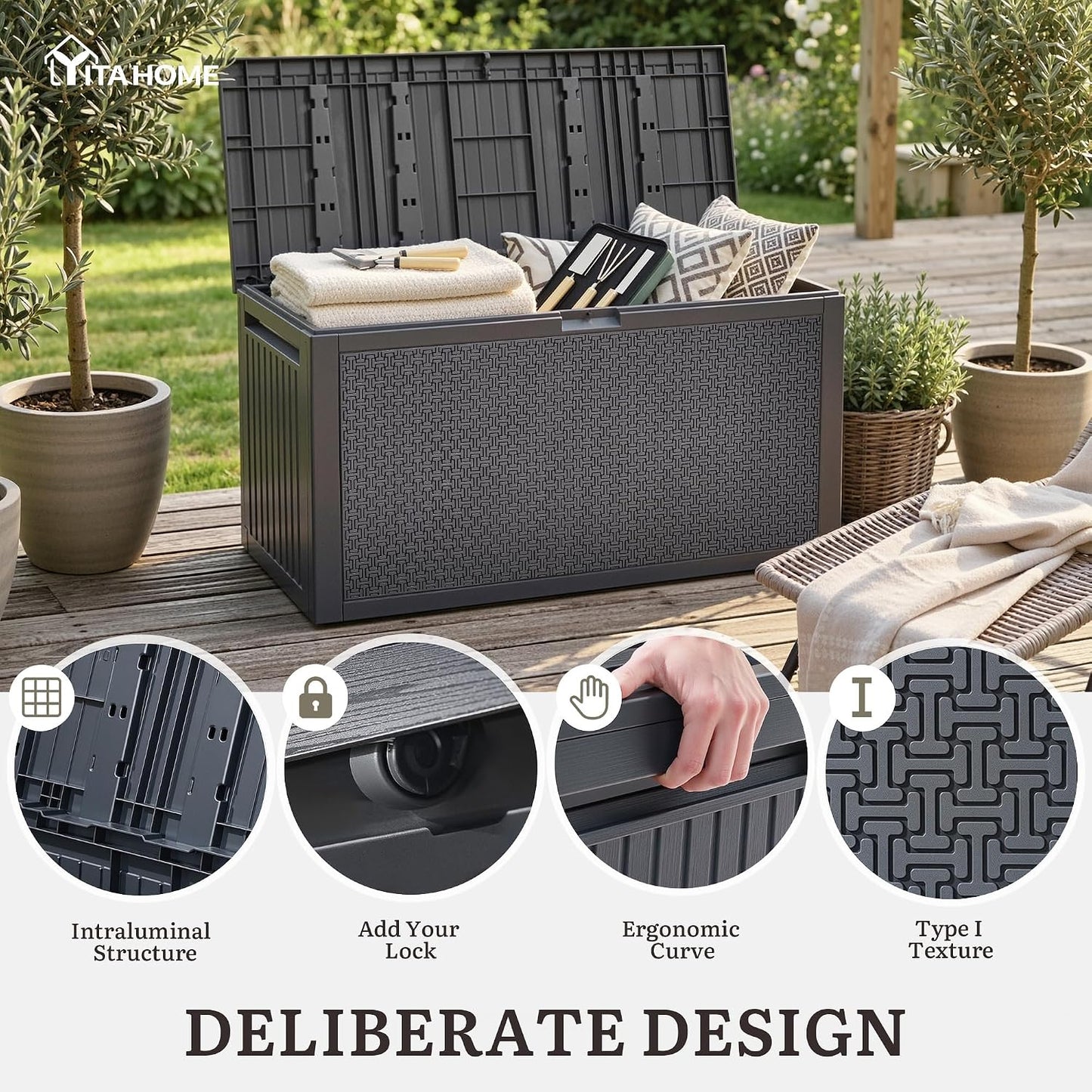 YITAHOME 95 Gallon Outdoor Storage Deck Box | Waterproof Resin Deck Box w/Handles, Lockable Outdside Deck Box for Patio Furniture, Garden Tools, Lockable & UV