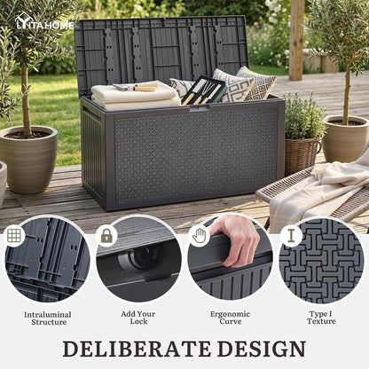 YITAHOME 95 Gallon Outdoor Storage Deck Box | Waterproof Resin Deck Box w/Handles, Lockable Outdside Deck Box for Patio Furniture, Garden Tools, Lockable & UV