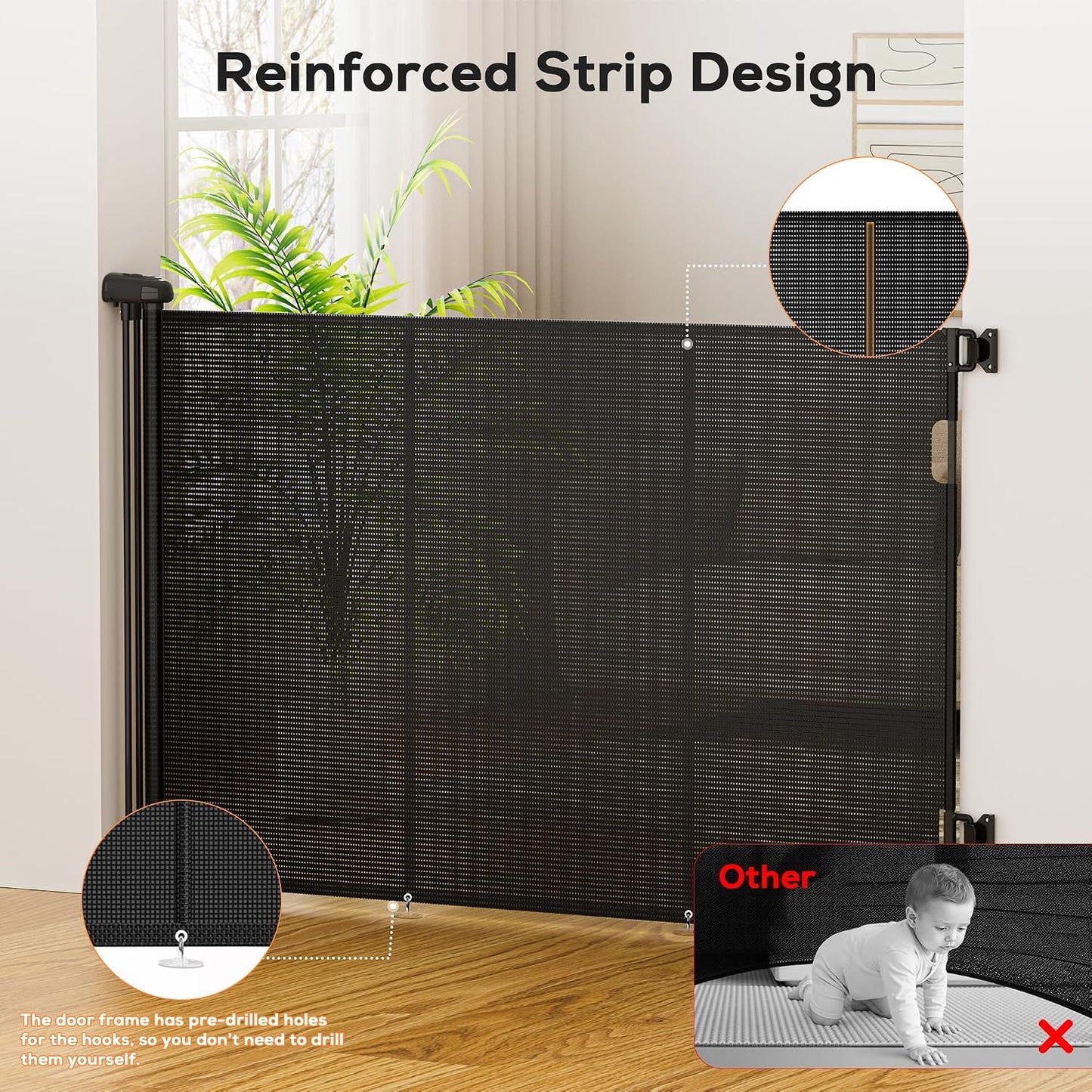 Retractable Baby Gate for Stairs, 42" Tall X 200" Wide Mesh Dog Gate Indoor, Child Gate for Doorways, Hallways, Deck, Indoor Outdoor Pet Baby Safety Essentials for Home, Black