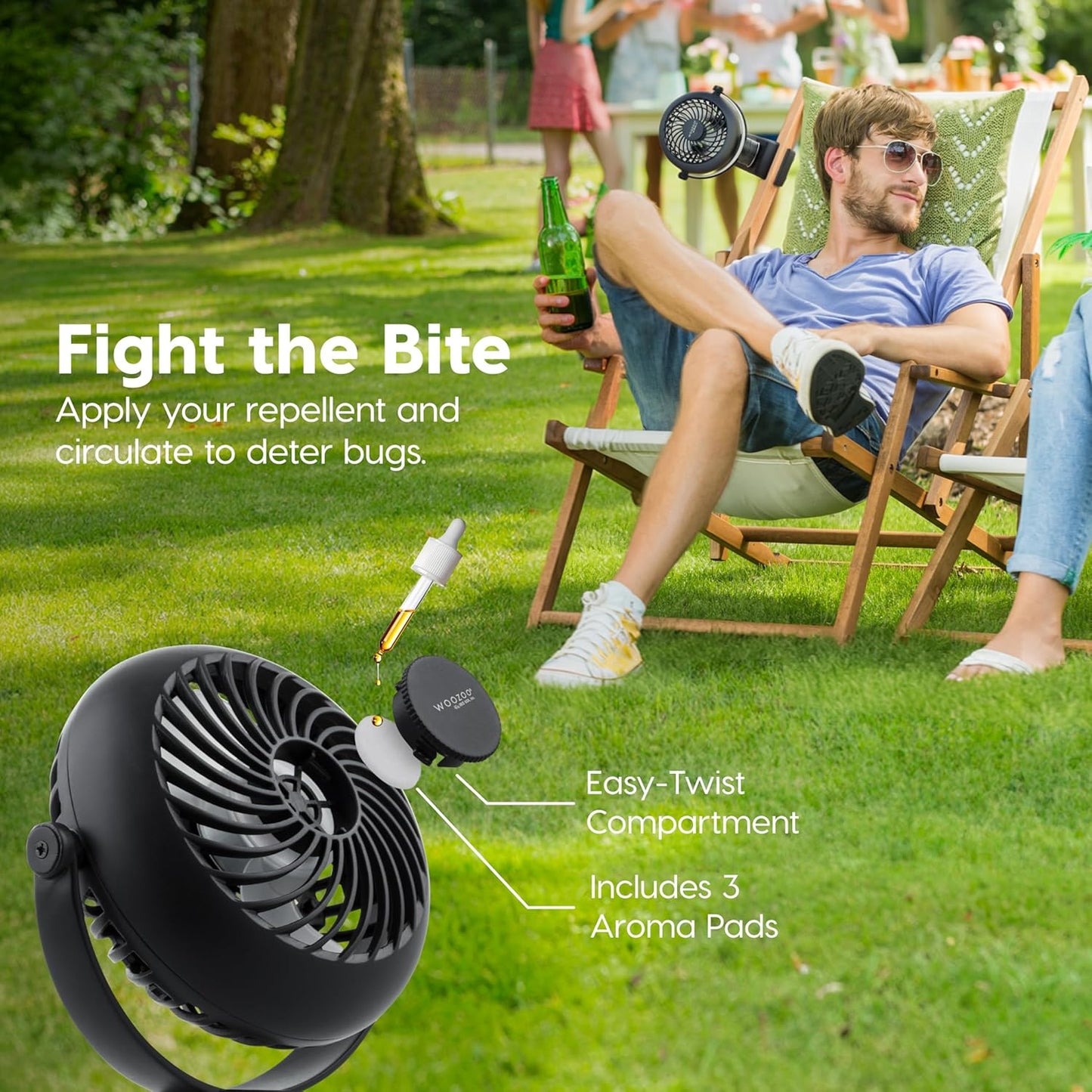 IRIS USA WOOZOO 3.5" Cordless Portable Clip On Fan, USB-C Rechargeable Fan, LED Light, Mosquito Repellent Tray, 360° Tilt, 3 Speeds,Bedside Kitchen Camping Golfing Outdoor Use, Black