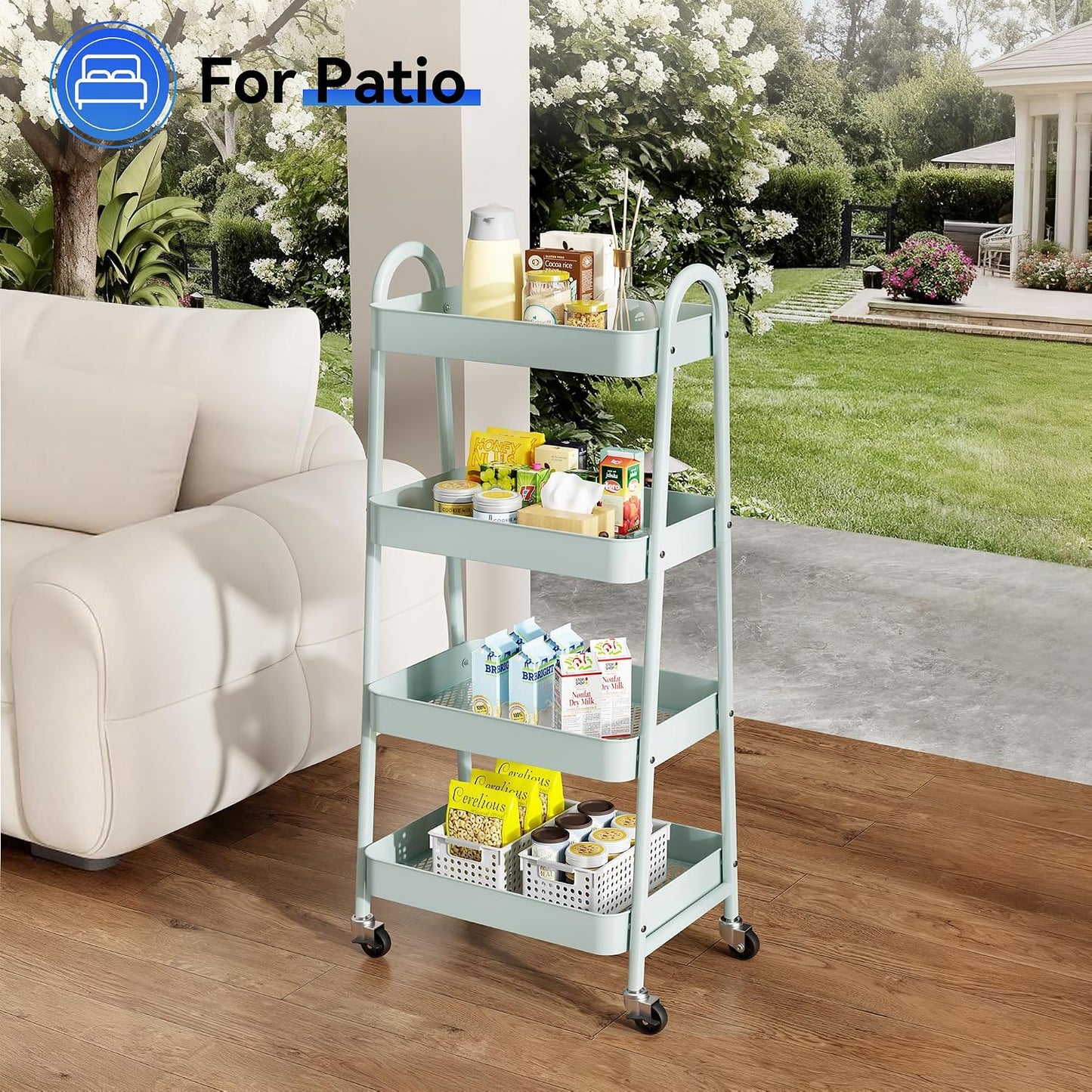NEWBULIG 3-Tier Rolling Storage Cart, Metal Mobile Utility Organizer Shelf with Lockable Wheels, Space-Saving Freestanding Storage for Bathroom Living Room and Narrow Corner Spaces, Green