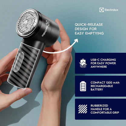 Electrolux Rechargeable Fabric Shaver | Compact Travel Lint Remover for Clothes & Furniture | Eliminates Fuzz & Pilling | 3-Speed Electric Lint Shaver with Type-C Fast Charging Port - Blue