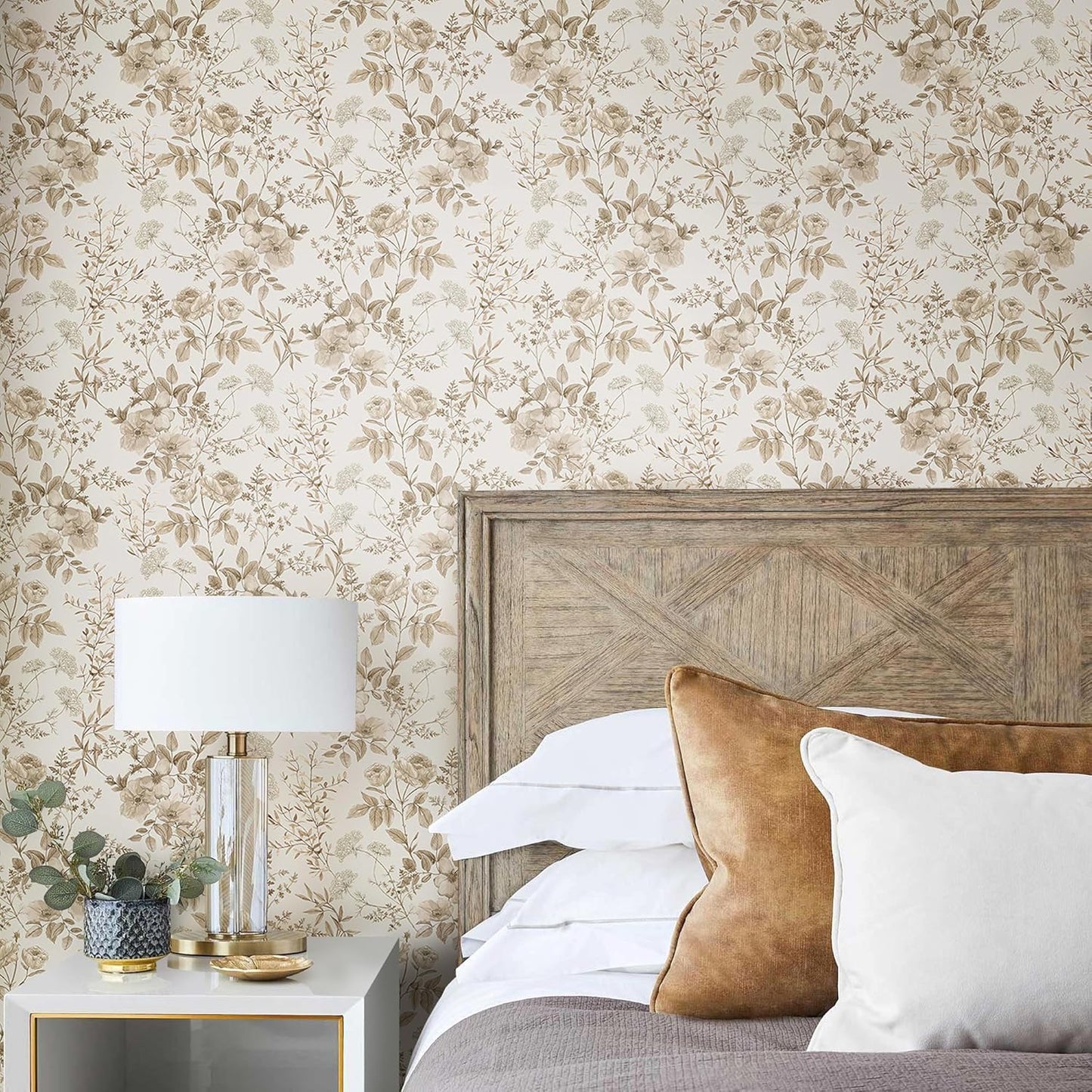 Erfoni 16.9" x118" Boho Floral Peel and Stick Wallpaper Beige Flower and Leaf Contact Paper Self Adhsive Removable Wallpaper Boho Botanical Wall Paper for Bedroom Cabinets Decor Vinyl Roll Waterproof