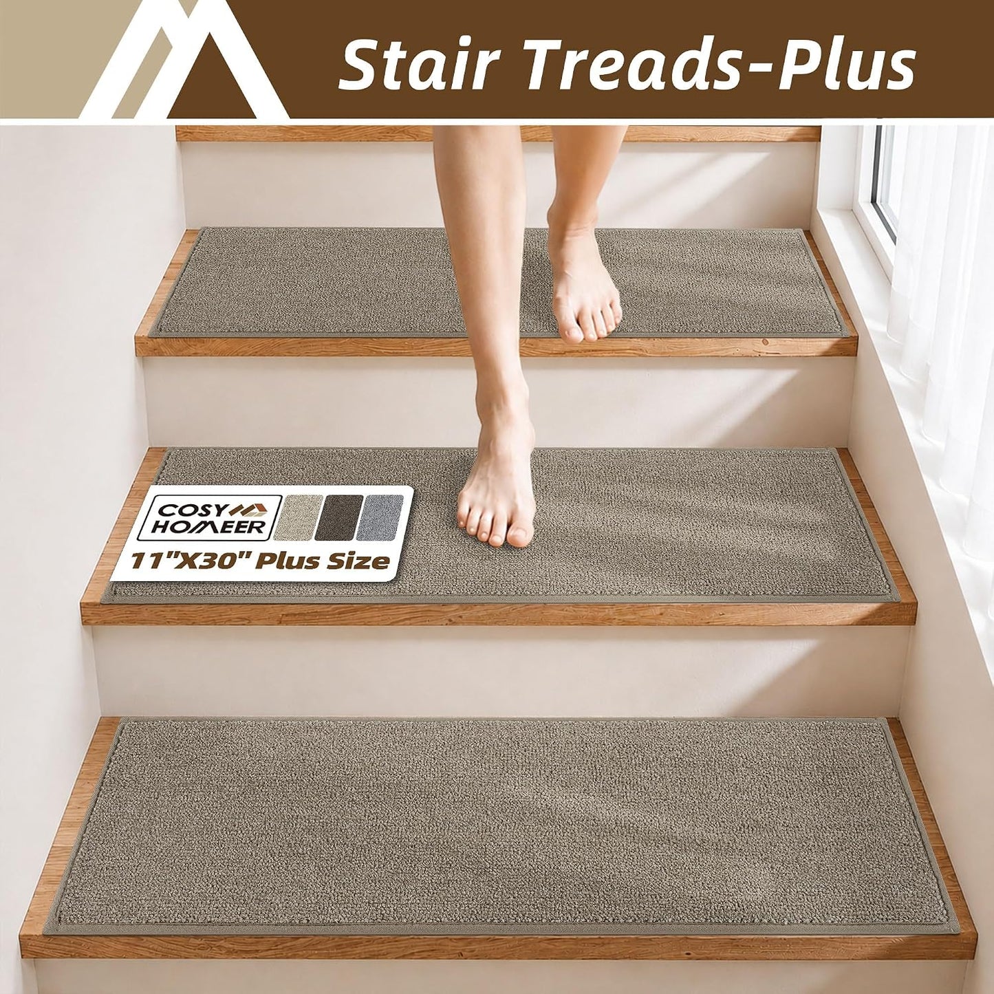 COSY HOMEER Stair Treads Non-Slip Carpet Stair Treads for Wooden Steps, Indoor Stair-Runner Rugs for Kids Elders & Pets 28"x9" (4Pc, Dark Gray)