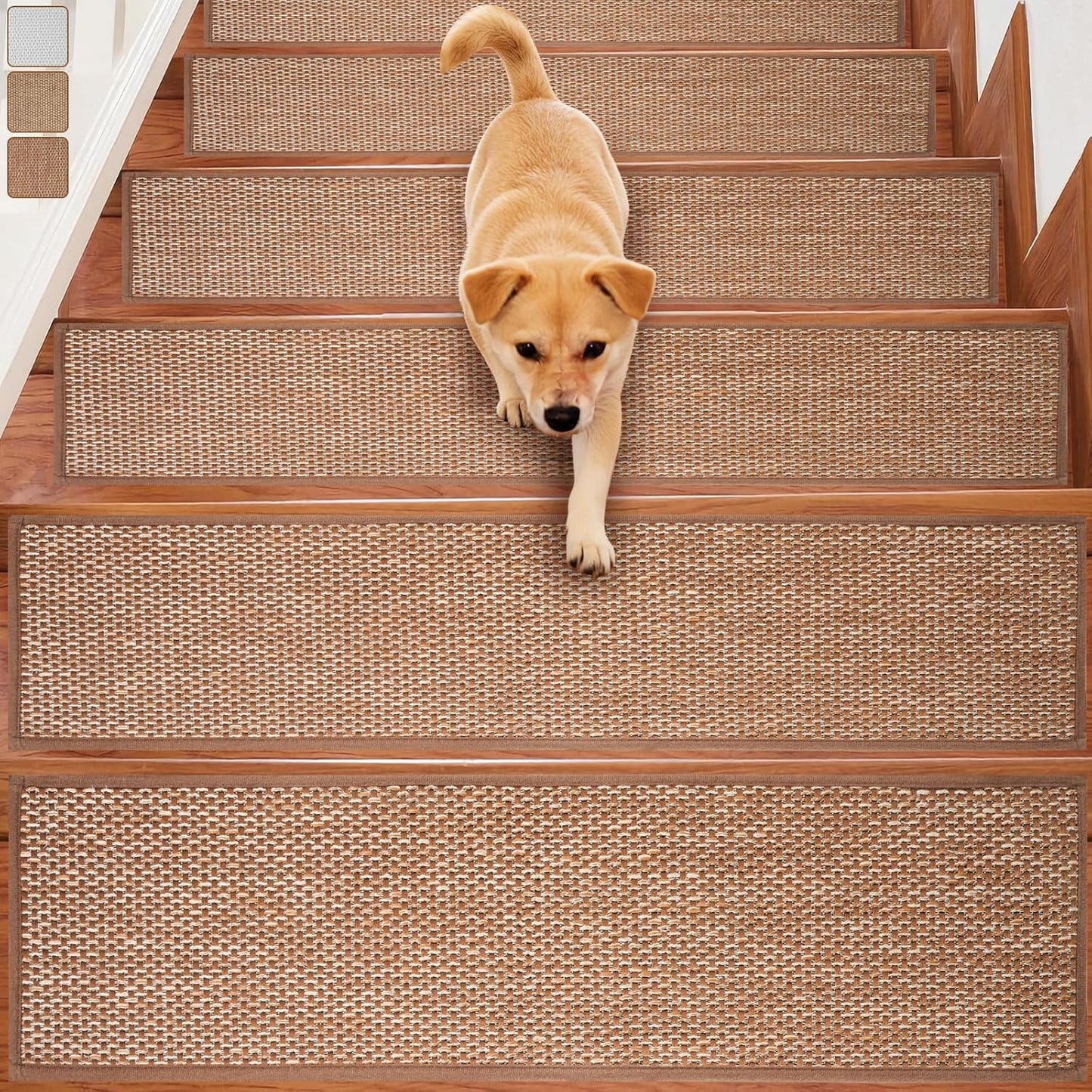 Carpet Stairs Runner for Wood Stairs, 30"x 30",Reusable Washable Self-Stick Stair Treads, for Indoor Steps, Non Slip for Kids Elders and Pets Stair Mats Residue Free, Beige 1-Pack