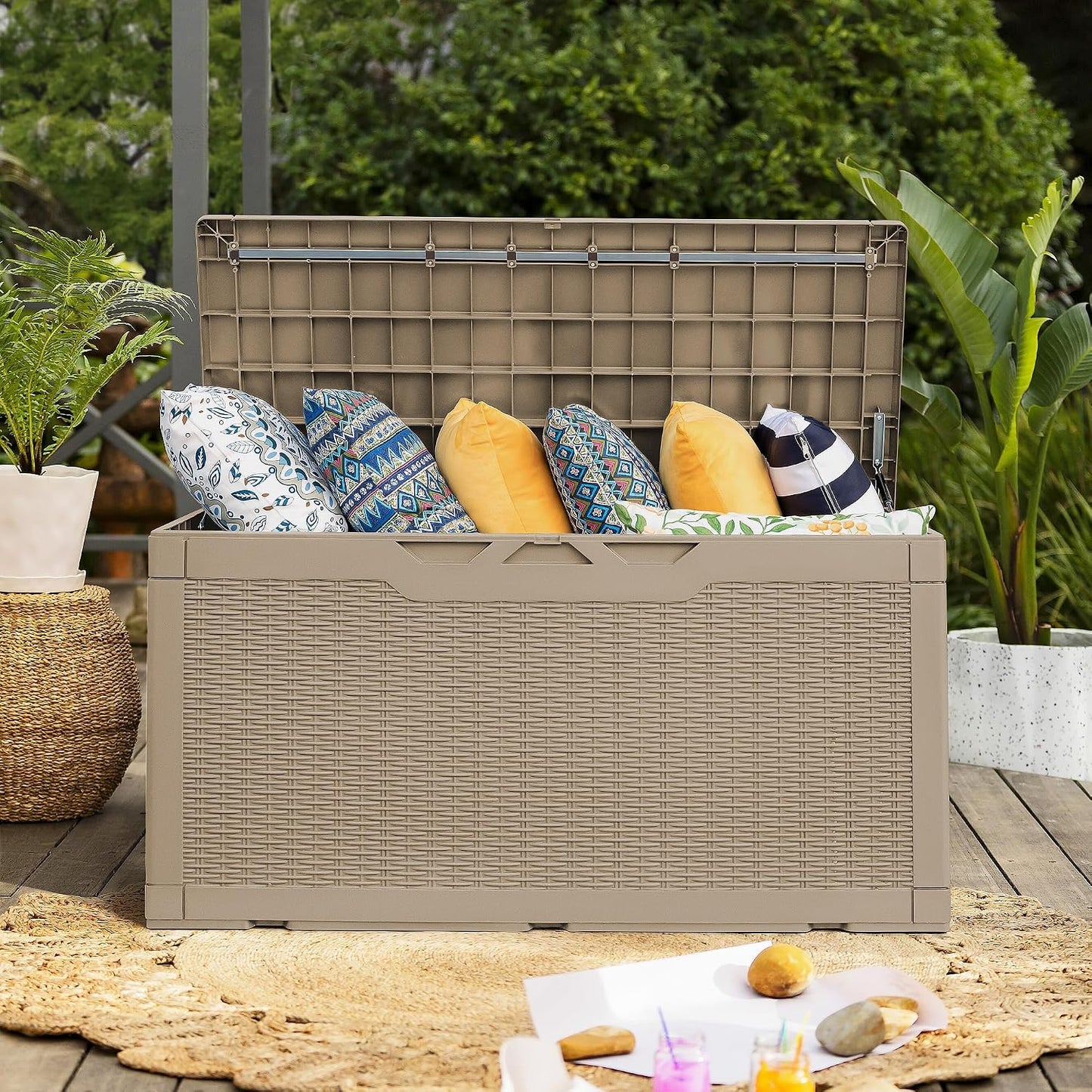 Flamaker Resin Deck Box 120 Gallon Waterproof Large Outdoor Indoor Storage Box Imitation Wood Resin for Patio Furniture Garden Tools and Pool (Black)