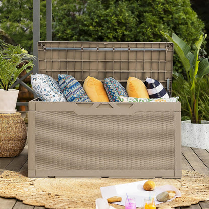 Flamaker Resin Deck Box 120 Gallon Waterproof Large Outdoor Indoor Storage Box Imitation Wood Resin for Patio Furniture Garden Tools and Pool (Black)