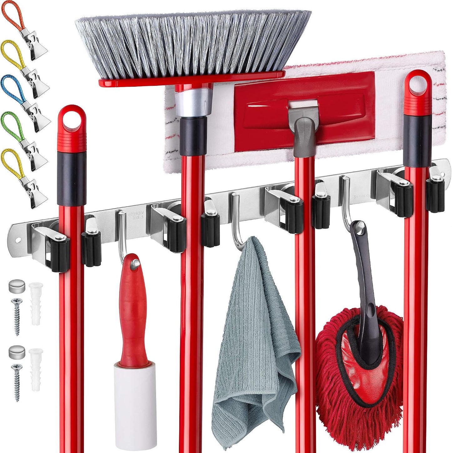 Wall Mount Hanger for Brooms & Mops - Adhesive Stainless Steel Mops & Broom Holder, 4 Clamps, 3 Hooks, & 5 Towel Hanger Clips Including Mounting Hardware for Utility Room Organization