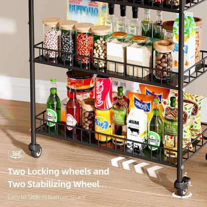 6-Tier Slim Storage Cart, Rolling Kitchen Cart with Wheels | Narrow Metal Shelf Organizer with Hooks for Kitchen, Bathroom, Living Room, Laundry, Small Spaces, Black, 6 in
