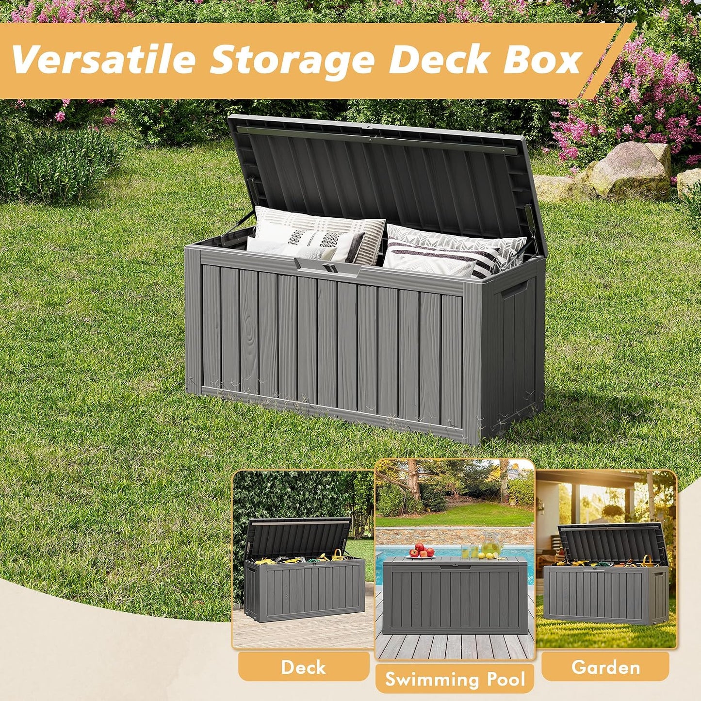 Fancyango 75 Gallon Outdoor Deck Box Waterproof, Large Storage Box for Patio, Resin Storage Bench Lockable for Garden Tools, Package Delivery, Black