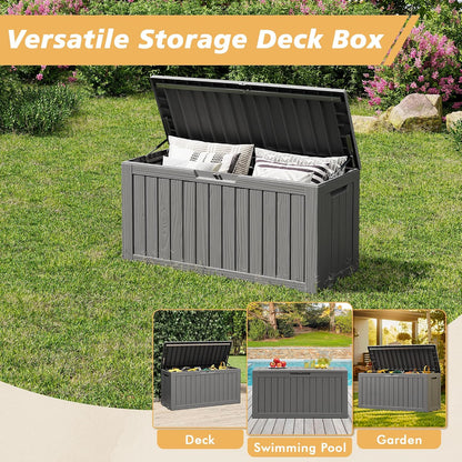 Fancyango 75 Gallon Outdoor Deck Box Waterproof, Large Storage Box for Patio, Resin Storage Bench Lockable for Garden Tools, Package Delivery, Black