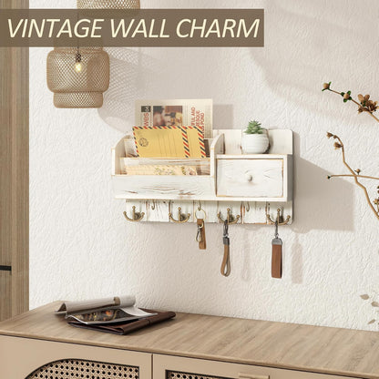 Rebee Vision Key and Mail Holder Wall Mount - Mail Organizer Wall Mount with Storage Hooks and Drawer for Modern Farmhouse Decor - Mail Organizer Wall Mounted for Rustic Apartment Essentials (Brown)