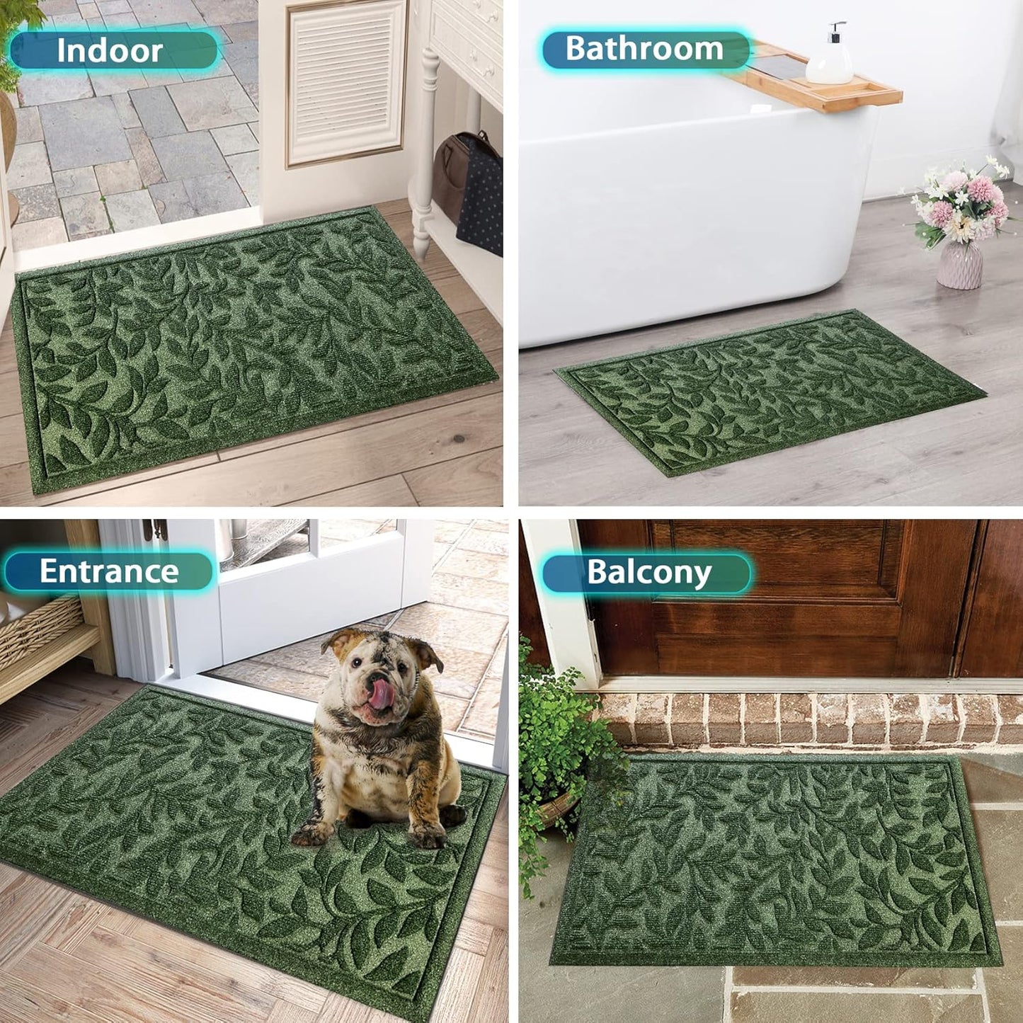 Bulijojo Sturdy Front Entrance Doormats,Durable Heavy Duty Welcome Mat,Thick Absorbent Natural Rubber Non Slip Mat,Easy Clean Entryway Mat 17x30 Inch Leaves Green