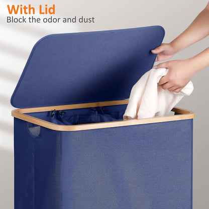 efluky Laundry Hamper with Lid, Trio Laundry Basket with 2 Removable Bags, 3 Section Laundry Bin with Bamboo Handles for Bathroom, Bedroom & Laundry Room, 160L (42.3 Gallon) Beige