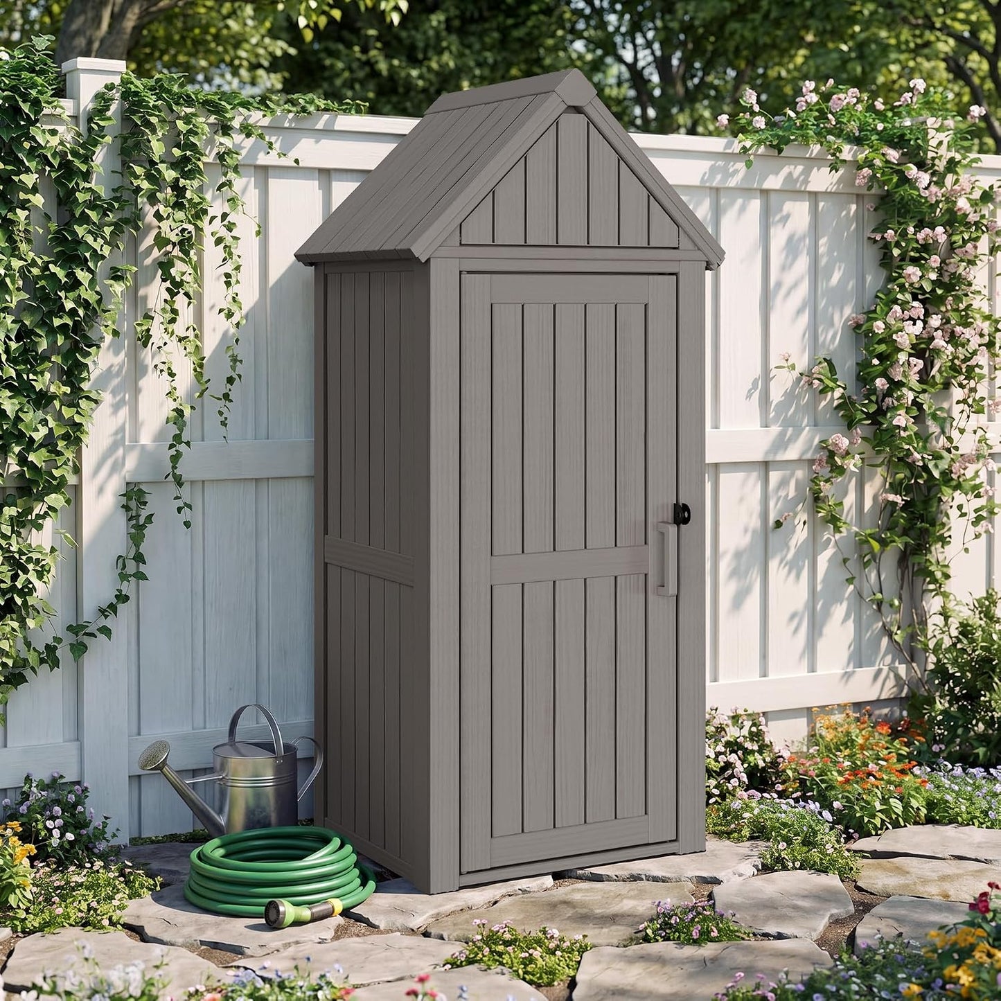 Bifanuo Deck Box Storage Shed Outdoor Storage Cabinet, Vertical Waterproof Resin Material Plastic Shed with Removable Shelves, 12 Hooks and Lock Ring for Garden, Pool and Patio (Classic Black)