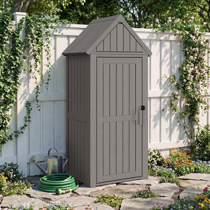 Bifanuo Deck Box Storage Shed Outdoor Storage Cabinet, Vertical Waterproof Resin Material Plastic Shed with Removable Shelves, 12 Hooks and Lock Ring for Garden, Pool and Patio (Classic Black)