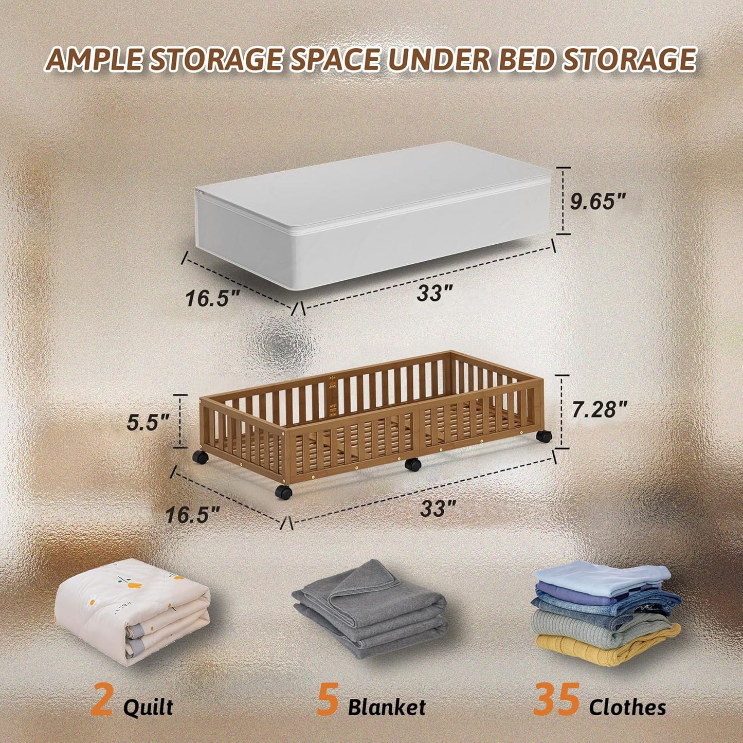 Bamboo Under Bed Storage Containers with Wheels, 2 Pack Under the Bed Shoe Storage Bins, Wood Rolling Underbed Drawers with Bag Organizer for Bedroom, Sheets Clothes Blanket Comforter, Under Crib Toy