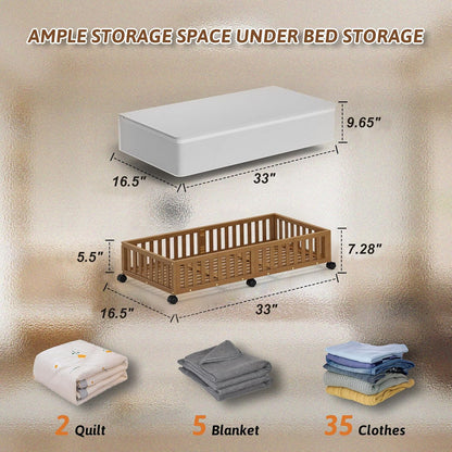 Bamboo Under Bed Storage Containers with Wheels, 2 Pack Under the Bed Shoe Storage Bins, Wood Rolling Underbed Drawers with Bag Organizer for Bedroom, Sheets Clothes Blanket Comforter, Under Crib Toy