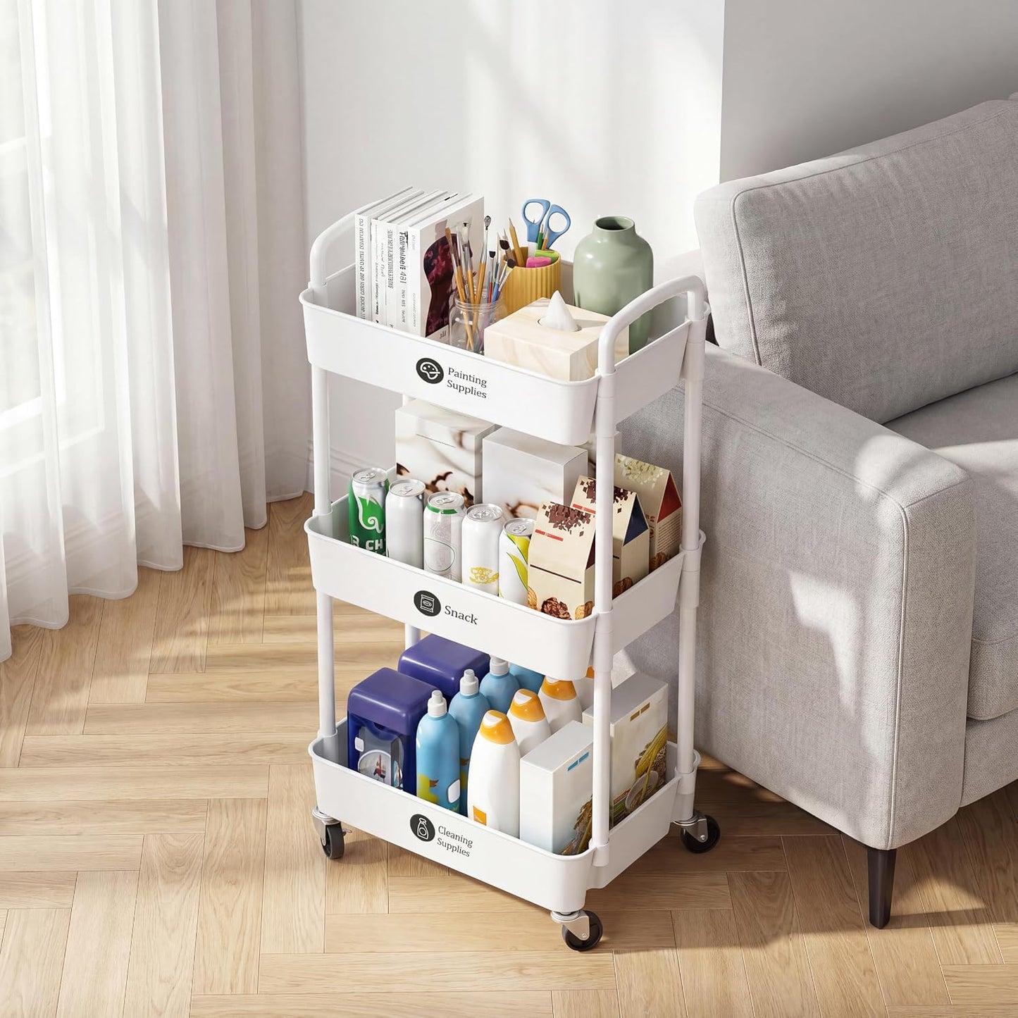Laiensia 3-Tier Rolling Cart with Wheels,Multifunction Utility Storage Carts, Kitchen Storage Organizer,Mobile Shelving Unit for Bathroom,Laundry,with Classified Stickers,White