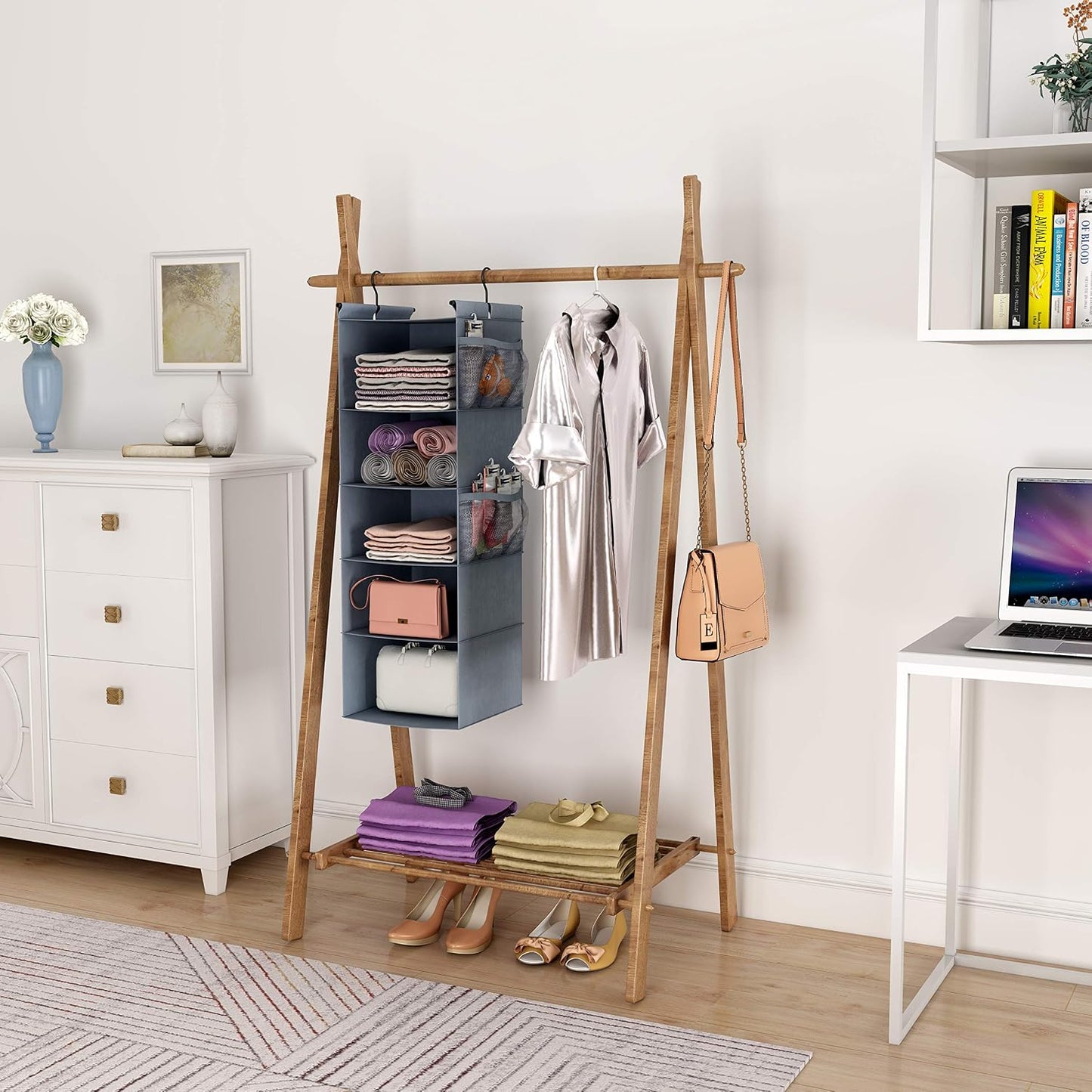 MAX Houser 4-Shelf Hanging Closet Organizer, Space Saver, Cloth Hanging Shelves with 2 Side Pockets, Foldable (Beige)