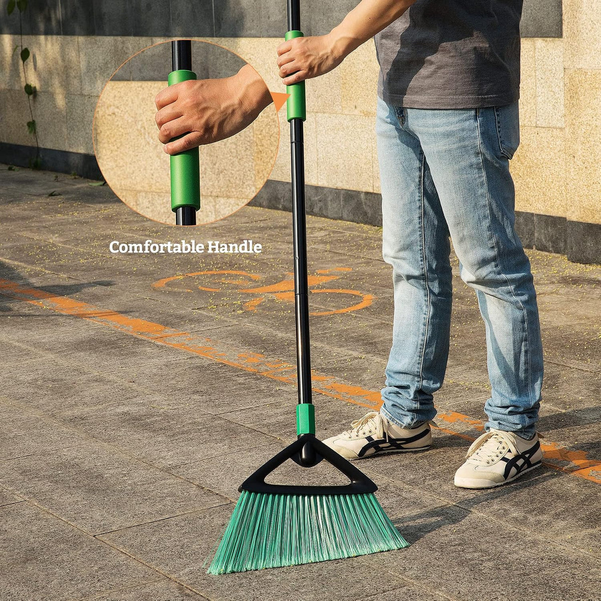 Eyliden Angle Broom with 57" Long Handle, Outdoor Indoor, Green | Heavy-Duty Cleaning, Also Works Well Fine Dust - PET Bristles, Commercial Sweeper for Courtyard Sidewalk Deck Kitchen Lobby