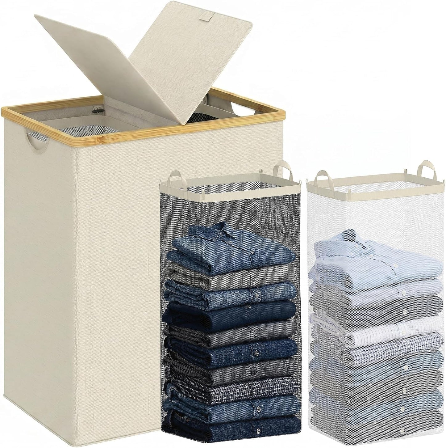 efluky Laundry Hamper with Lid, Trio Laundry Basket with 2 Removable Bags, 3 Section Laundry Bin with Bamboo Handles for Bathroom, Bedroom & Laundry Room, 160L (42.3 Gallon) Beige