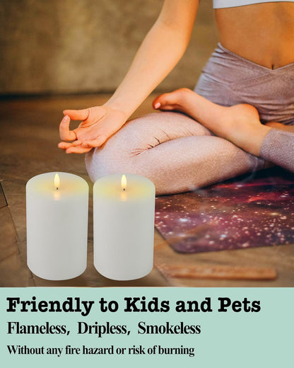 Gmnee 3"x4" Flickering Flameless Candles with Remote Timer, 3" Diameter White Pillar, Real Wax, Set of 2 Large Battery Operated LED Candles for Table and Fireplace Decor (H 4")