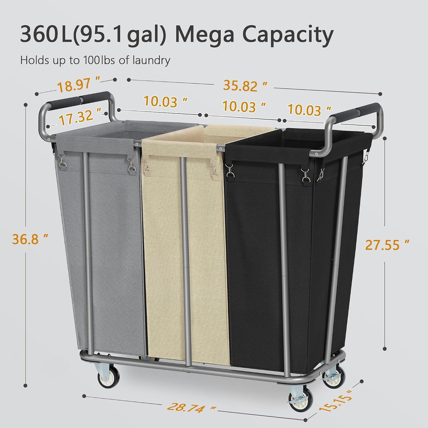 Gewudraw Large laundry hamper with Wheels, 3 Bag Big Rolling Laundry Hamper Sorter Cart, Extra Large Laundry Clothes Hamper, Heavy Duty Laundry Basket Organizer for Laundry Room,Bathroom,Black