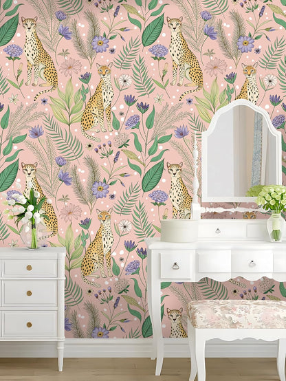 Floralplus Peel and Stick Wallpaper Leopard Jungle Removable Wallpaper for Bathroom Renter Friendly Wallpapers Self Adhesive Animal Floral Contact Paper for Accent Wall 17.5 x 118 in