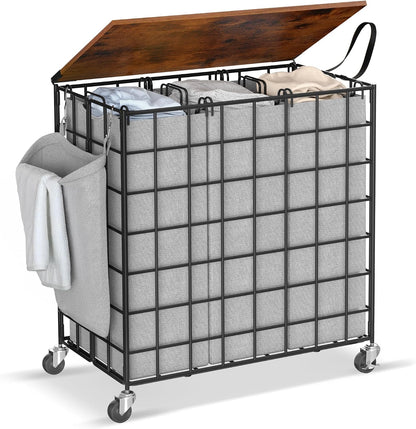 Laundry Basket with Wheels, Heavy Duty Laundry Sorter 2 Sections, 120L (32Gal.) Large Capacity Laundry Hamper with Wood Lid, 360 Rolling Wheels, Extra Side Pocket, Leather Pull Handle, Beige
