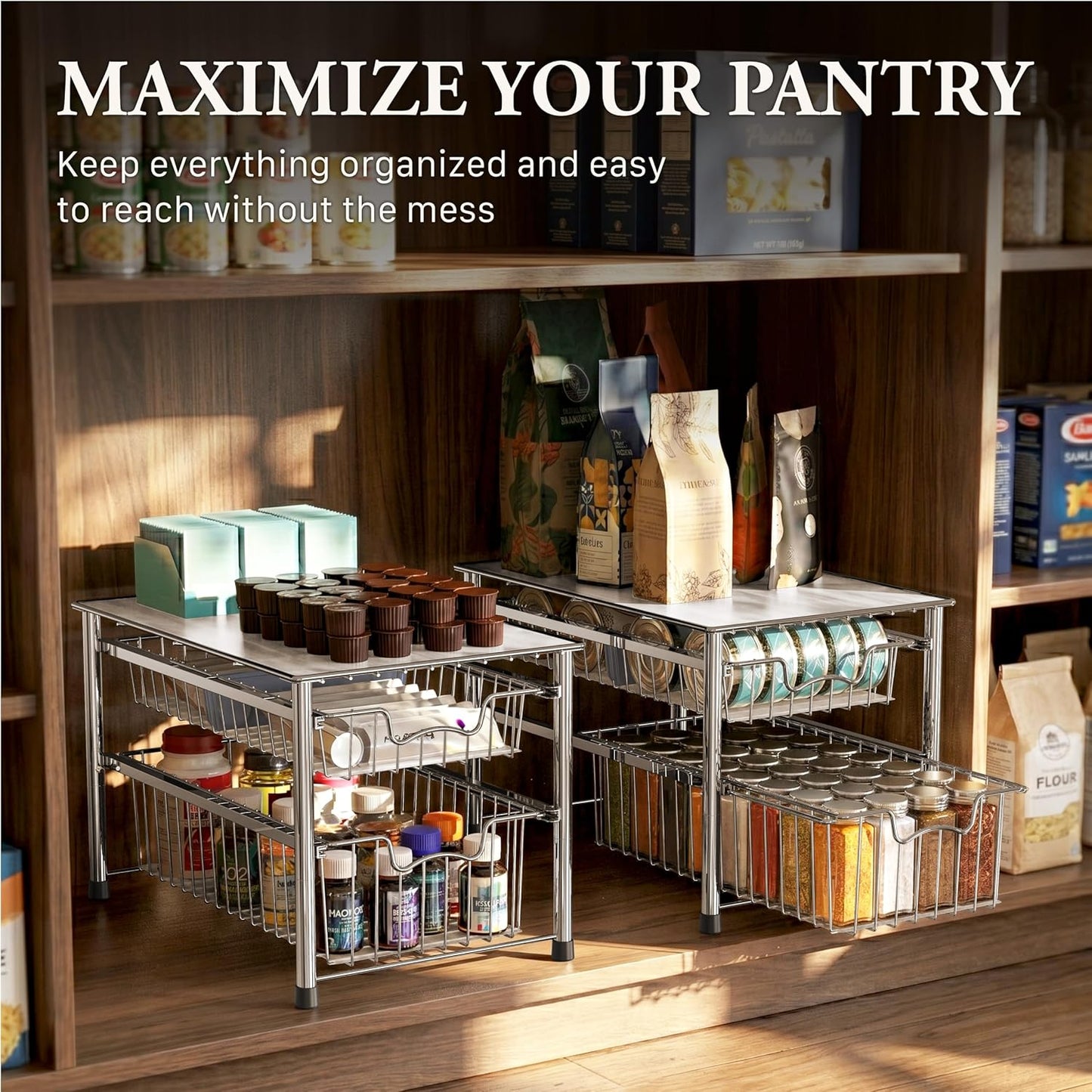 Simple Houseware Stackable 2 Tier Sliding Basket Organizer Drawer, Chrome
