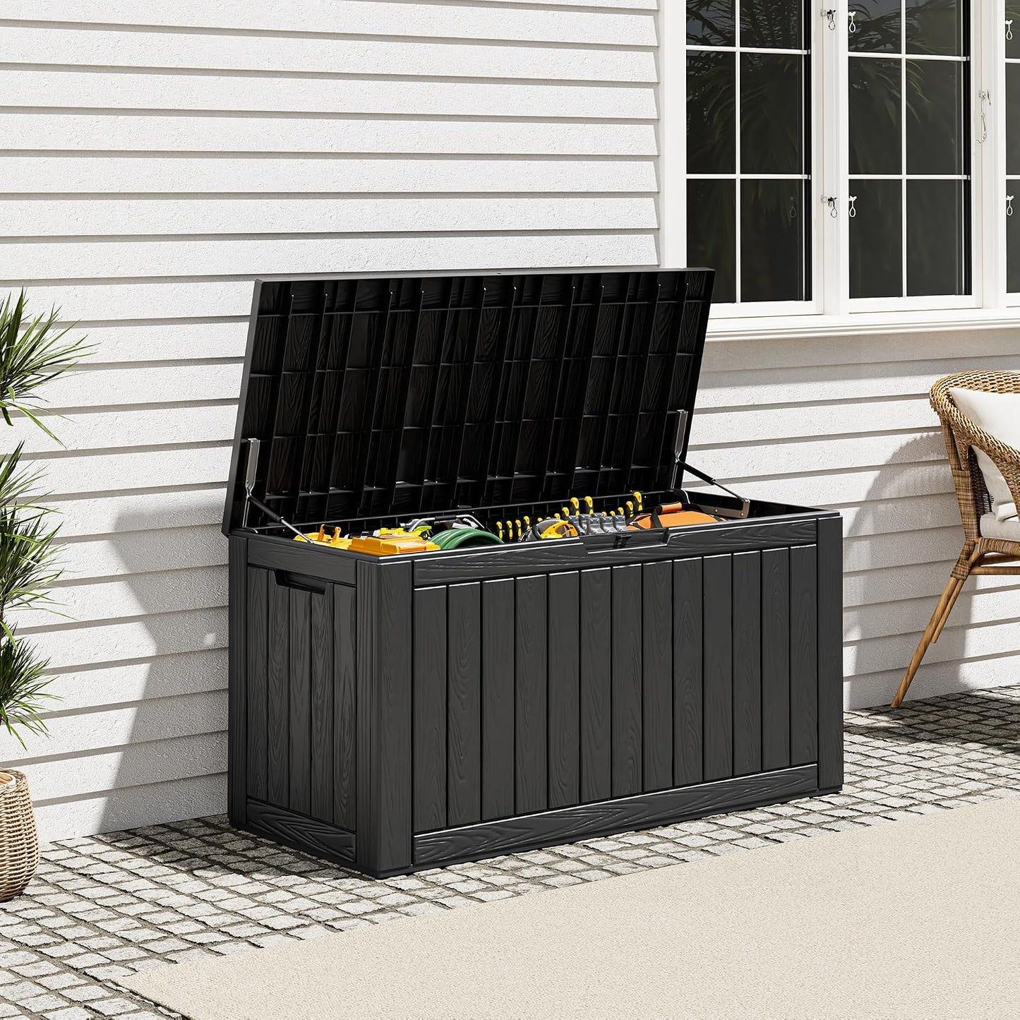 Outdoor Storage Deck Boxes Waterproof, Waterproof and UV Resistant Outdoor Storage Box Lockable Lid for Delivery Box, Indoor, Garden Tools, Pool Supplies, Patio (Black, 31 Gallon)