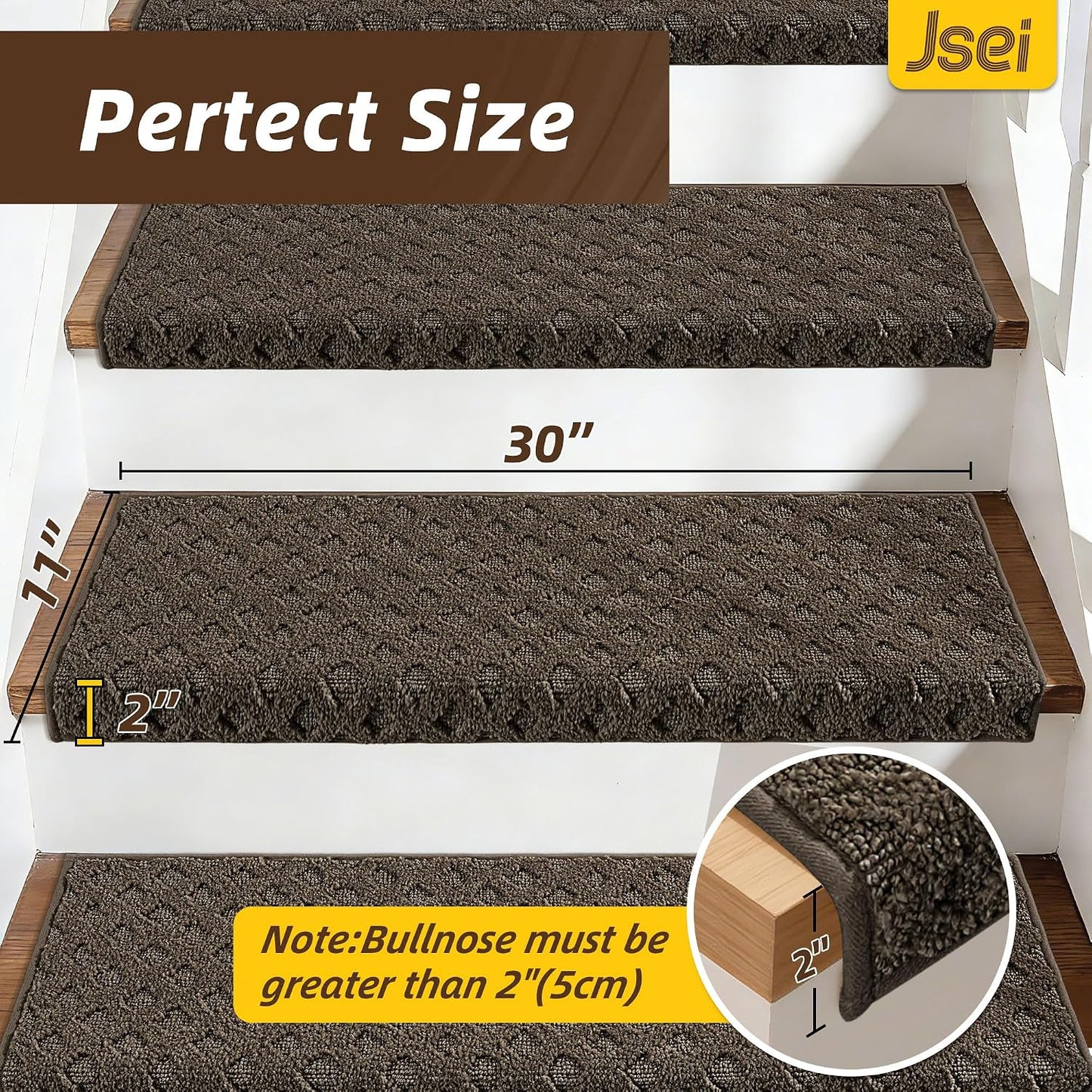 JSEI Bullnose Carpet Stair Treads, 14 Pcs Non Slip Stair Treads for Wooden Steps Indoor with TPE Backing, 11" x 30" Machine Washable Stair Runners with Edge Protection for Kids, Elders and Pets, Beige