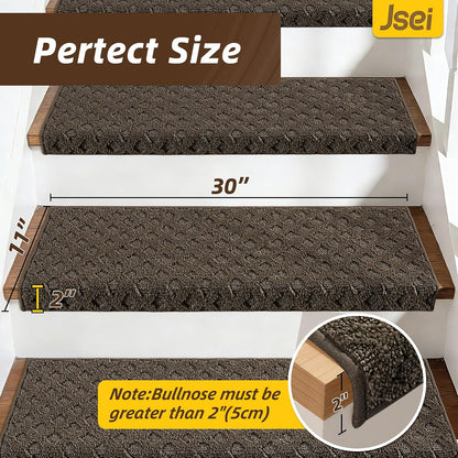 JSEI Bullnose Carpet Stair Treads, 14 Pcs Non Slip Stair Treads for Wooden Steps Indoor with TPE Backing, 11" x 30" Machine Washable Stair Runners with Edge Protection for Kids, Elders and Pets, Beige