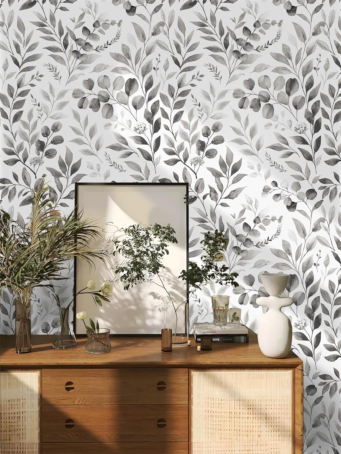Floralplus Peel and Stick Wallpaper Boho Leaf Removable Wallpaper for Bathroom Renter Leaf Contact Paper for Locker Shelf Liner Vinyl Adhesive Wallpapers Wall Mural Decor 17.5 in x 118 in
