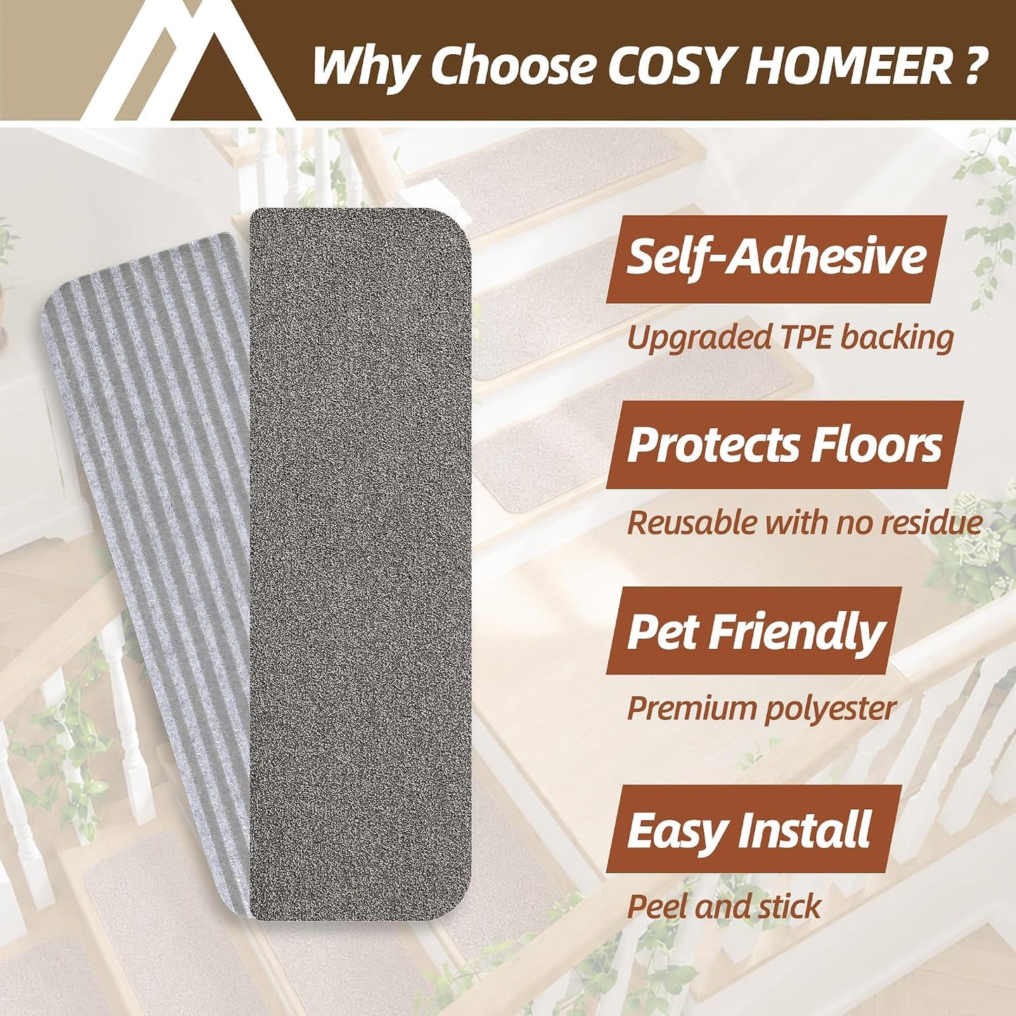 COSY HOMEER Stair Treads for Wooden Steps Non-Slip Carpet Mat,4pcs,Brown | Cut to Size,Peel and Stick,Washable,Residue Free,Self Adhesive,Stair Runner for Kid Elder Pet,28“x9”Carpet Stair Treads