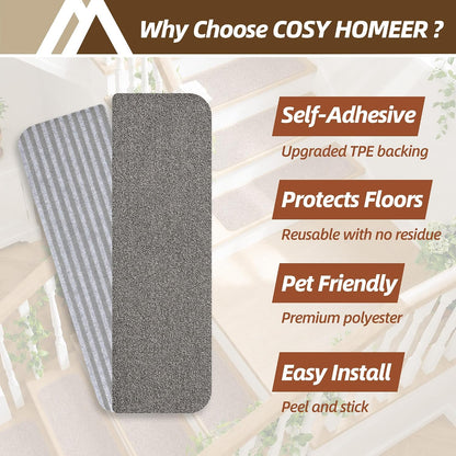 COSY HOMEER Stair Treads for Wooden Steps Non-Slip Carpet Mat,4pcs,Brown | Cut to Size,Peel and Stick,Washable,Residue Free,Self Adhesive,Stair Runner for Kid Elder Pet,28“x9”Carpet Stair Treads