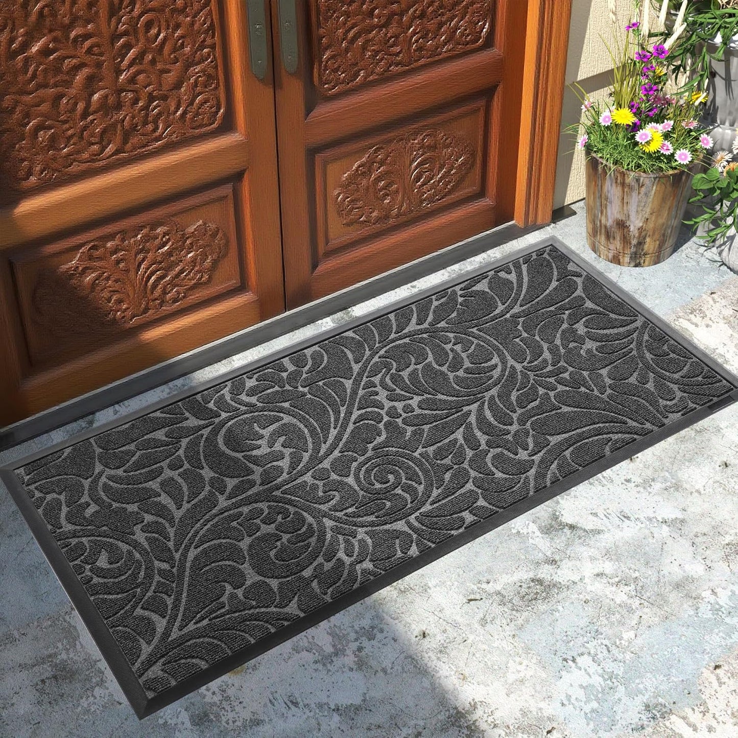 Yimobra Front Door Mat Outside Entrance, Waterproof Sturdy Retro Outdoor Mat, Heavy Duty Non-Slip Doormat for Garage Patio Entryway Indoor, Easy Clean, 29.5x17, Grey