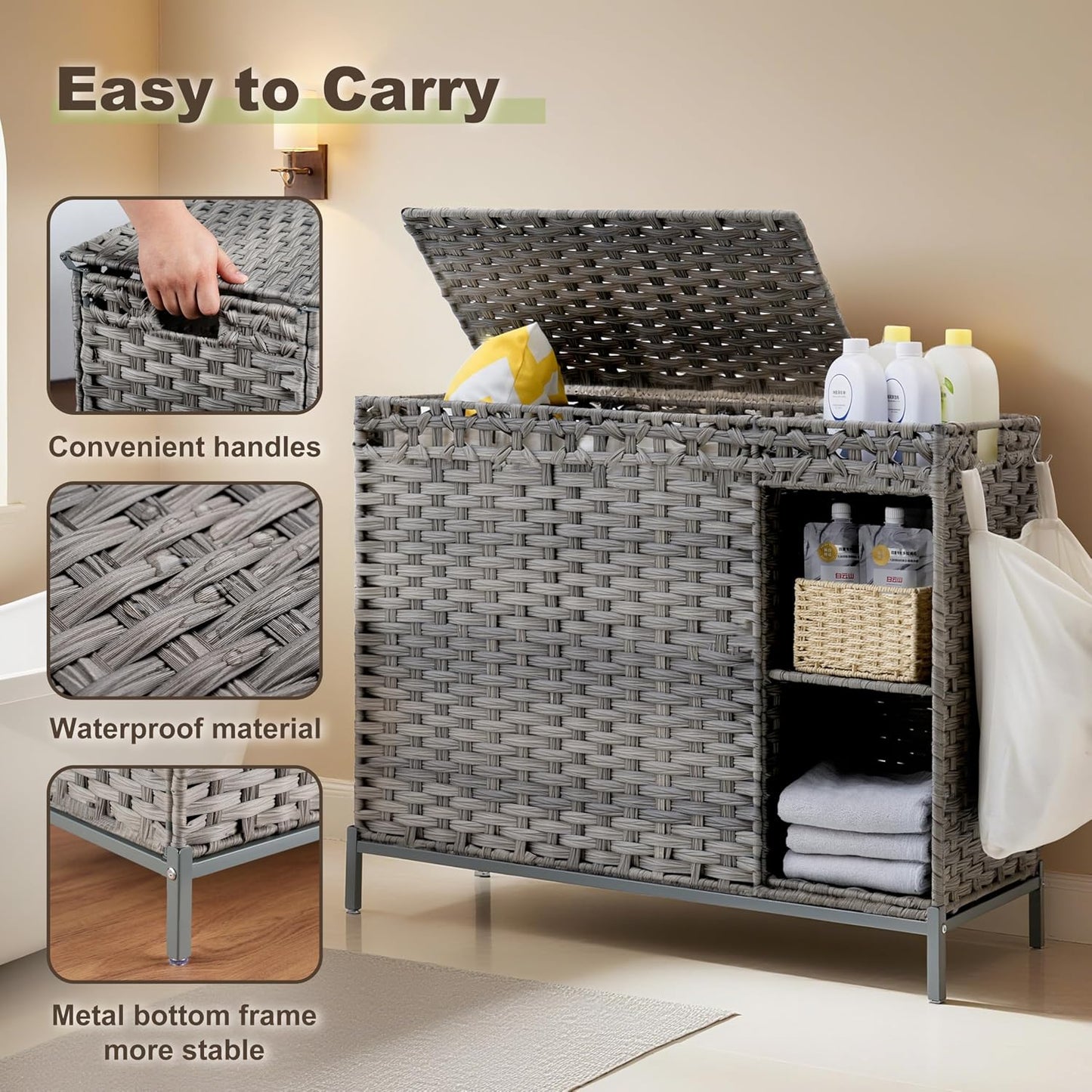 Gitelsnour Laundry Hamper with Lid, 110L (29.1 Gal) Rattan Laundry Hamper 2 Section with 50L (13.2 Gal) Storage Shelf, Wicker Woven Laundry Sorter Basket with 3 Liner Bags and Handles, Brown GLH002BR
