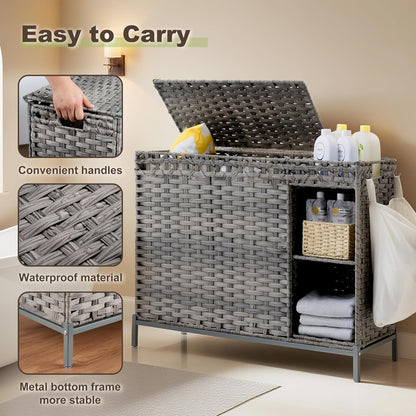 Gitelsnour Laundry Hamper with Lid, 110L (29.1 Gal) Rattan Laundry Hamper 2 Section with 50L (13.2 Gal) Storage Shelf, Wicker Woven Laundry Sorter Basket with 3 Liner Bags and Handles, Brown GLH002BR