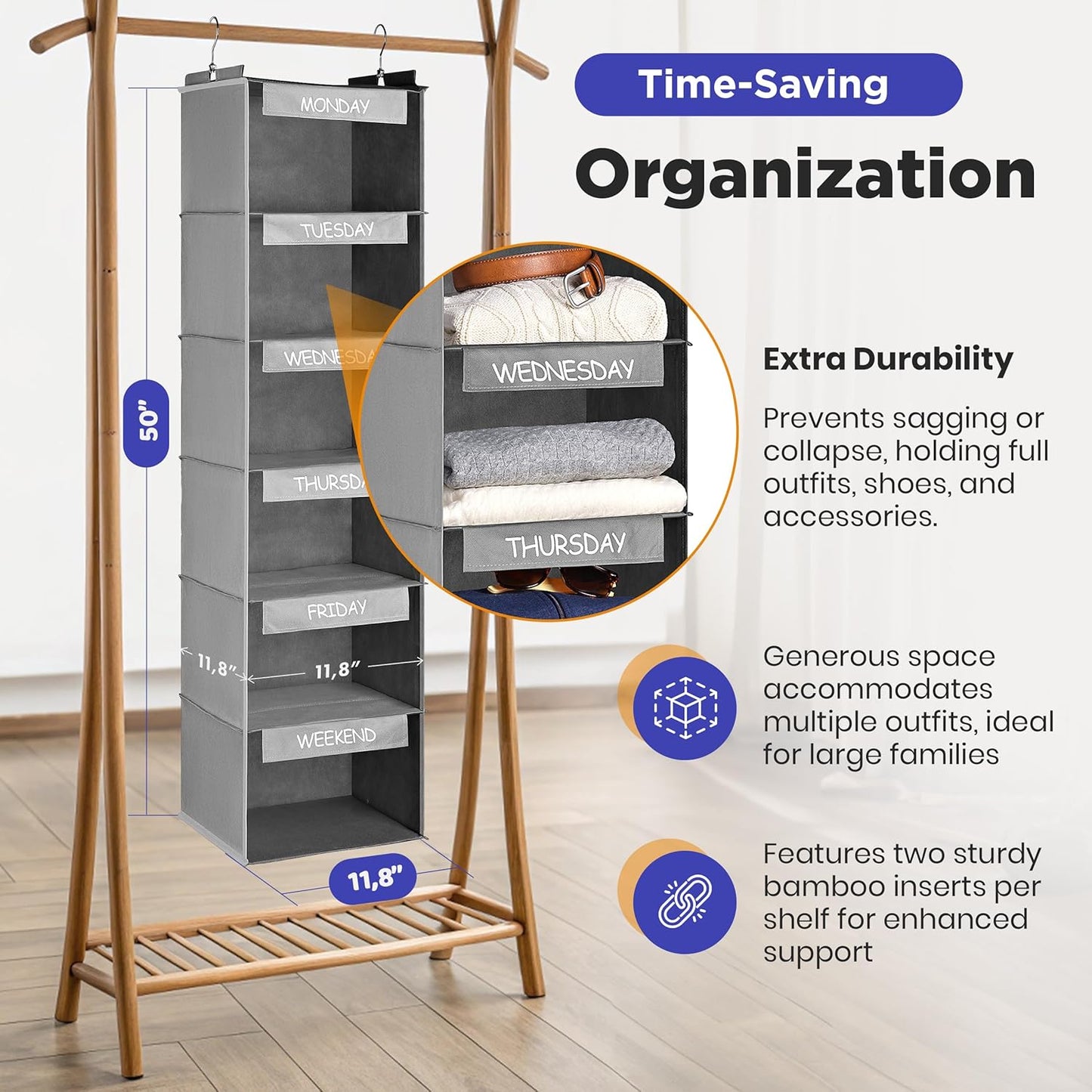 Handy Laundry Weekly Clothes Organizer for Kids, 6-Shelf Bamboo Reinforced | Days of the Week Hanging Closet Shelves, Monday Through Friday and Weekend, School Outfit Storage, Side Pockets, Pink