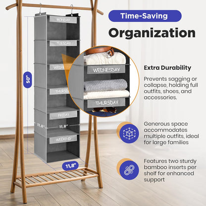 Handy Laundry Weekly Clothes Organizer for Kids, 6-Shelf Bamboo Reinforced | Days of the Week Hanging Closet Shelves, Monday Through Friday and Weekend, School Outfit Storage, Side Pockets, Pink