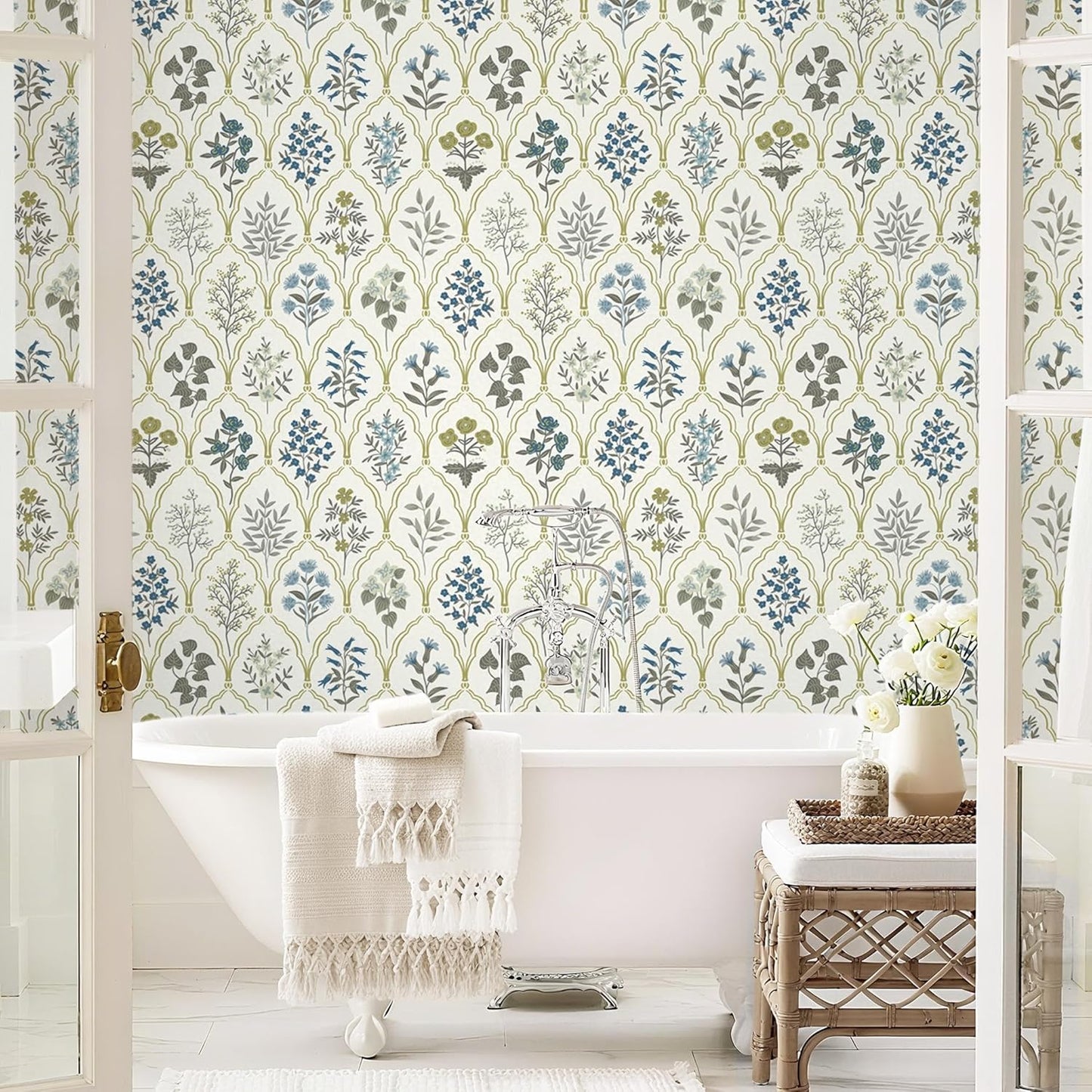 Dimoon 17.3''x78.7'' Vintage Peel and Stick Wallpaper Boho Beige Neutral Contact Paper White Floral Bird Wallpaper Removable Botanical Renter Friendly Modern Wall Paper Bedroom Bathroom Vinyl Roll