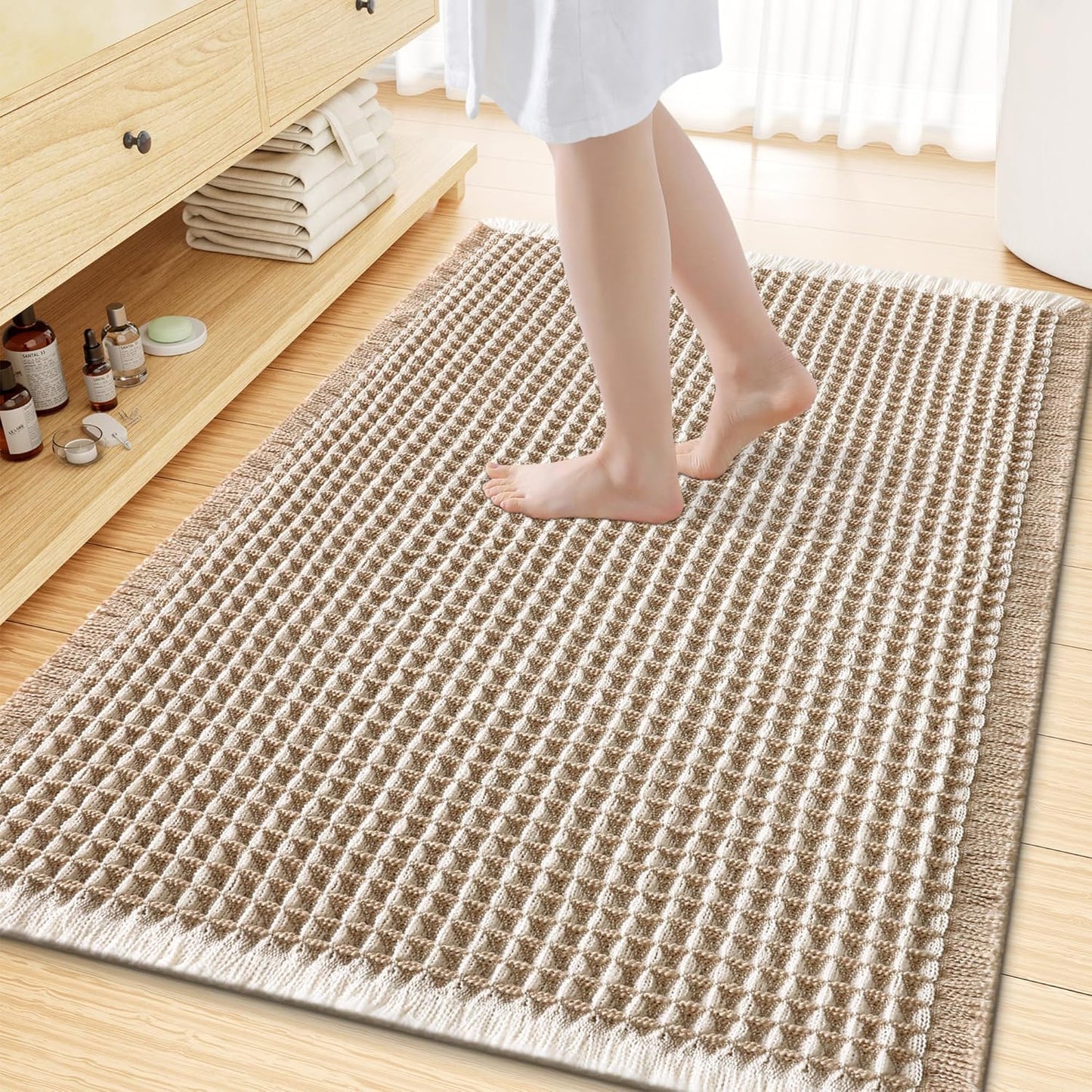Smiry Waffle Bath Mat 30x20, Extra Soft Absorbent Bathroom Rugs, Non Slip Machine Washable Quick Dry Bath Rugs for Bathroom Floor, Tub, Shower, Home Decor Accessories, Brown